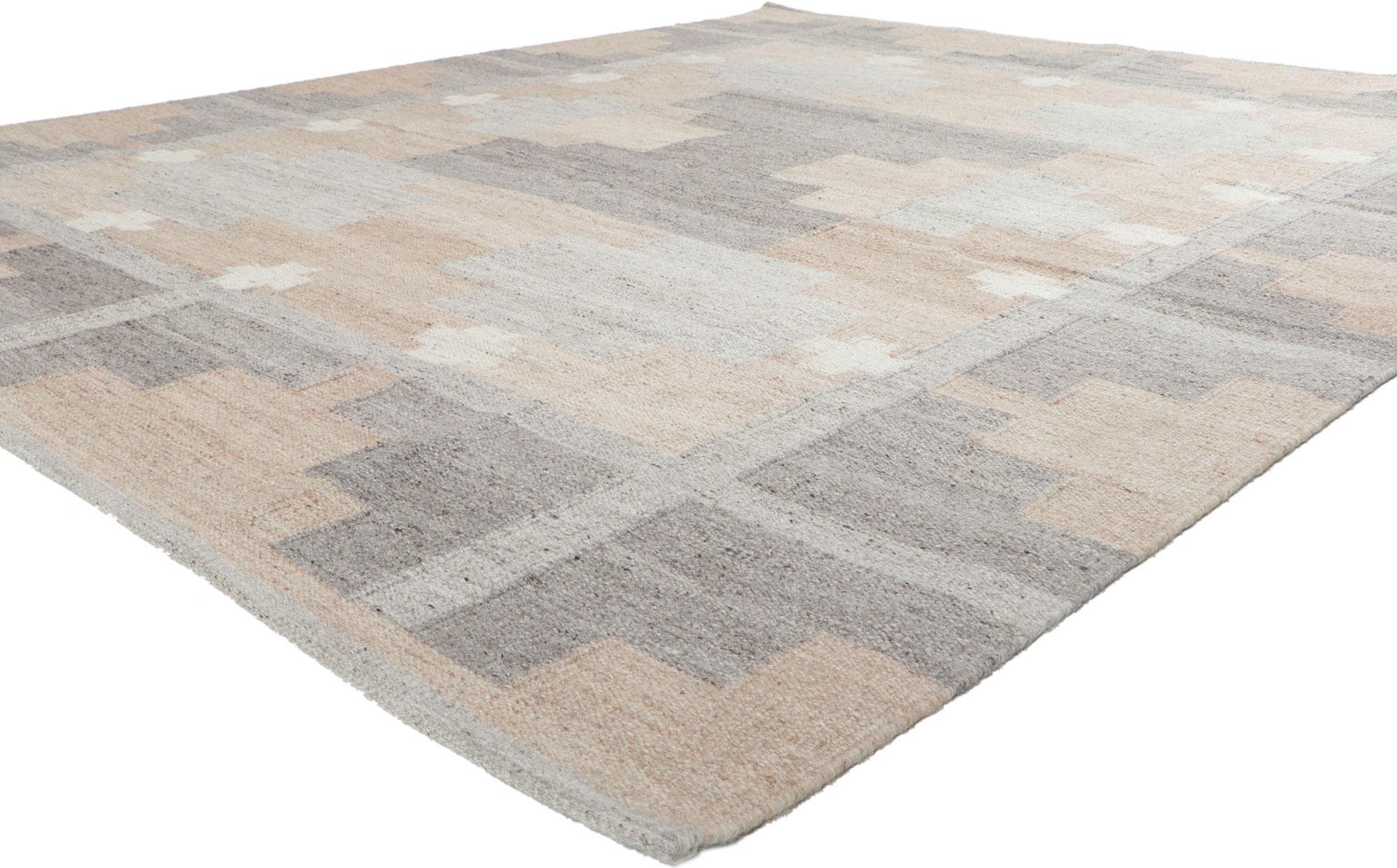 30966 New Swedish Inspired Kilim Rug In the Style of Storsjön by Ingegerd Silow, 08'02 x 09'10. ?Emanating Scandinavian Modern style with incredible detail and texture, this handwoven Swedish inspired kilim rug is a captivating vision of woven