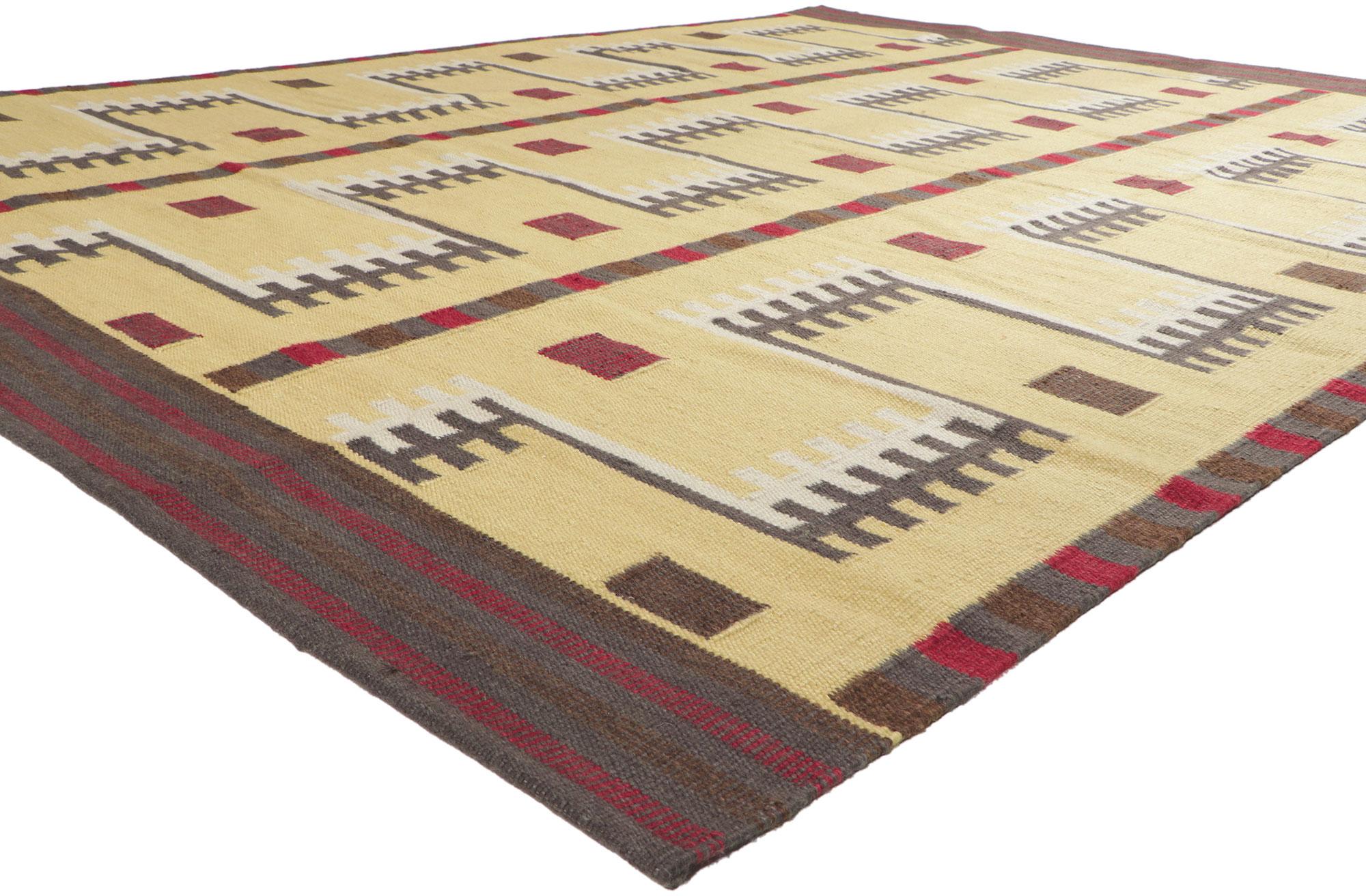 30961 New Swedish Inspired Kilim Rug, 09'02 x 11'10. ?Showcasing the bolder side of Scandinavian design, this handwoven Swedish style kilim rug is a captivating vision of woven beauty. The eye-catching geometric design and blue hues woven into this