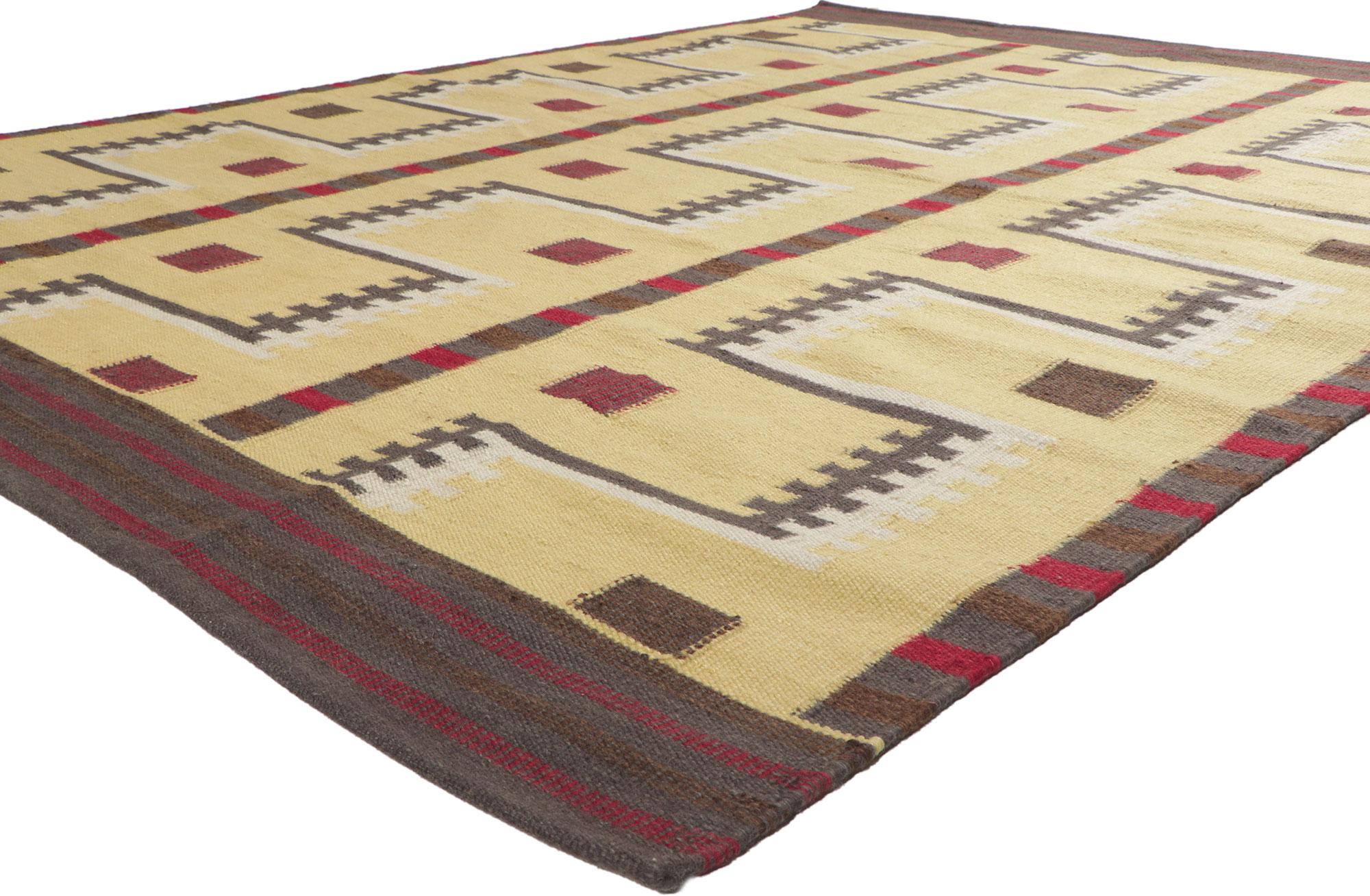 30960 New Swedish Inspired Kilim Rug, 07'11 x 10'03. ?Showcasing the bolder side of Scandinavian design, this handwoven Swedish style kilim rug is a captivating vision of woven beauty. The eye-catching geometric design and blue hues woven into this