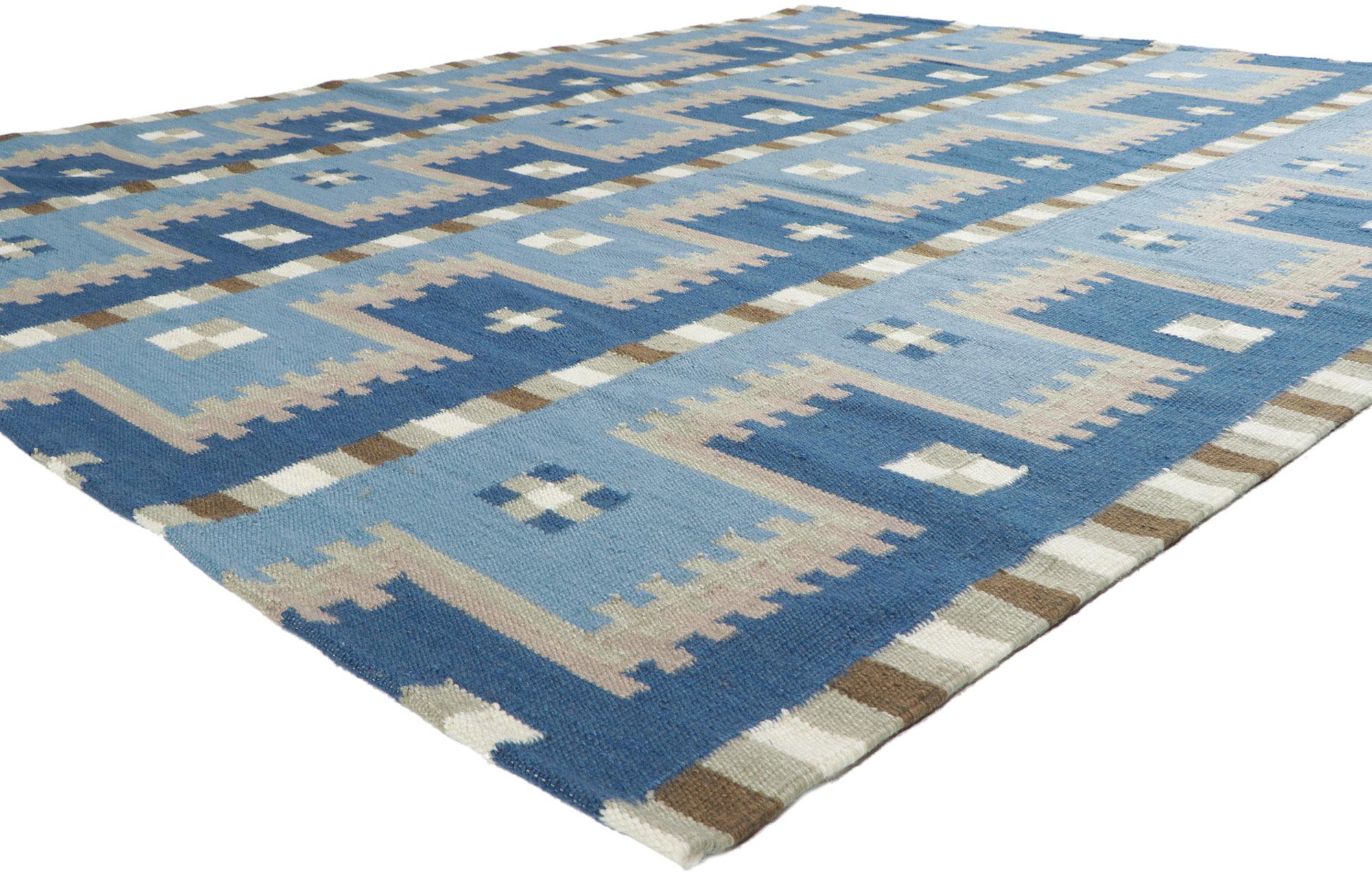 30965 New Swedish Inspired Kilim Rug, 08'01 x 09'11.
?Showcasing the bolder side of Scandinavian design, this handwoven Swedish style kilim rug is a captivating vision of woven beauty. The eye-catching geometric design and blue hues woven into this