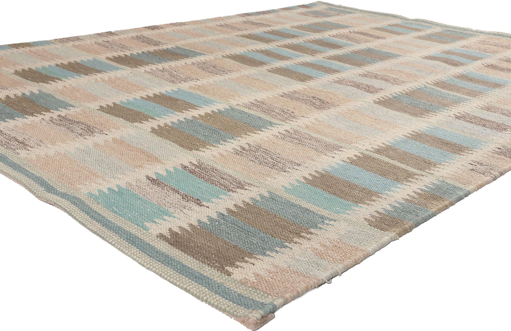 30693 Swedish Inspired Kilim Rug, 06'00 x 08'09.
Scandinavian Modern style meets earth-tone elegance in this handwoven Swedish inspired Kilim rug. The intrinsic geometric design and neutral earthy hues woven into this piece work together creating