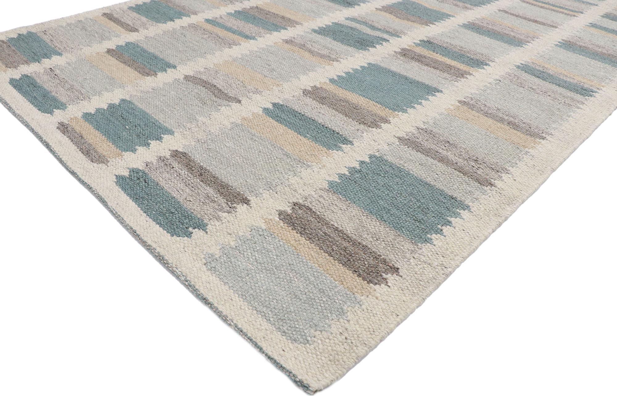 30655 New Swedish Inspired Kilim Rug with Scandinavian Modern Style 05'05 x 08'00. With its geometric design and bohemian hygge vibes, this hand-woven wool Swedish Indian Kilim rug beautifully embodies the simplicity of Scandinavian modern style. It