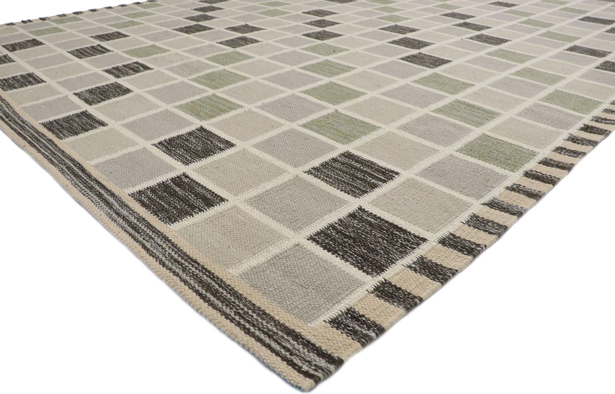 30664, new Swedish Inspired Kilim rug with Scandinavian Modern style. With its simplicity, geometric design and neutral color, this hand-woven wool Swedish Indian Kilim rug provides a feeling of cozy contentment without the clutter. The abrashed