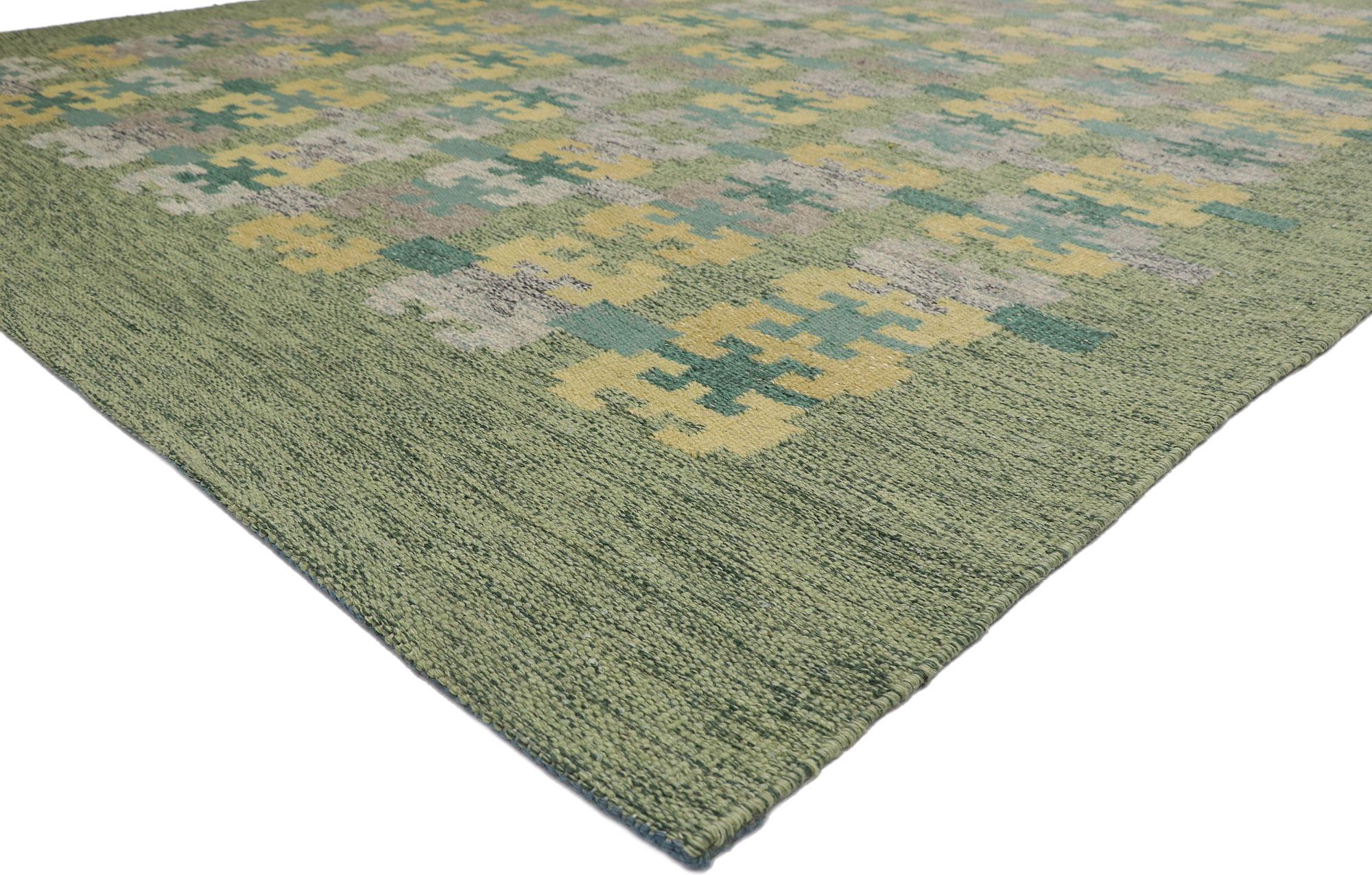 30667 new Swedish inspired Kilim rug with Scandinavian Modern style 09'11 x 12'07. With its simplicity, geometric design and intrinsic beauty, this hand-woven wool Swedish Indian Kilim rug provides a feeling of cozy contentment without the clutter.