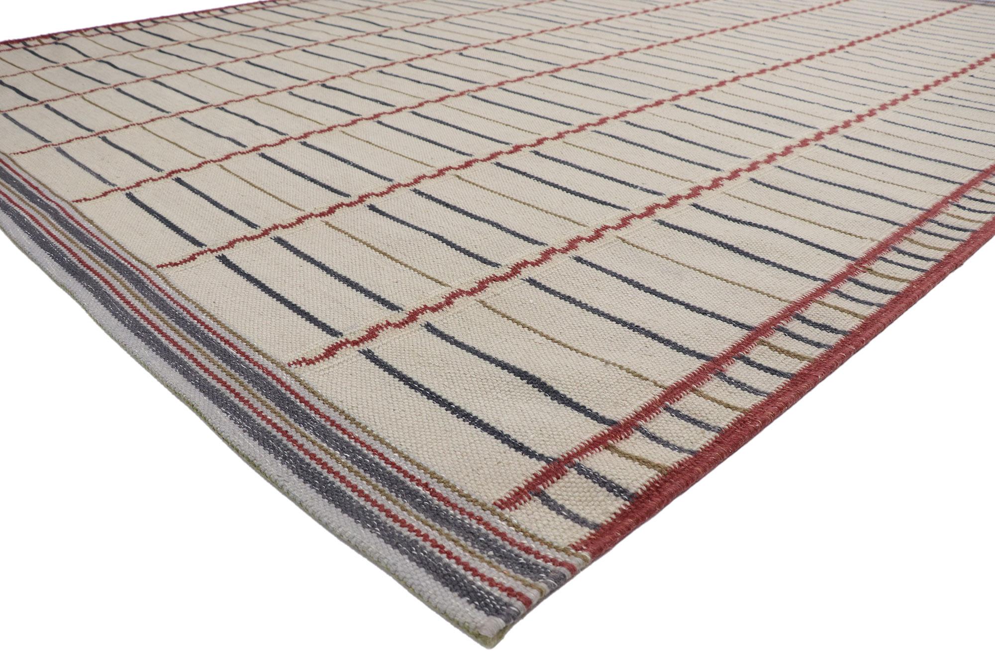 30666, new Swedish Inspired Kilim rug with Scandinavian Modern style. With its simplicity, geometric design and neutral color, this hand-woven wool Swedish Indian Kilim rug provides a feeling of cozy contentment without the clutter. The composition
