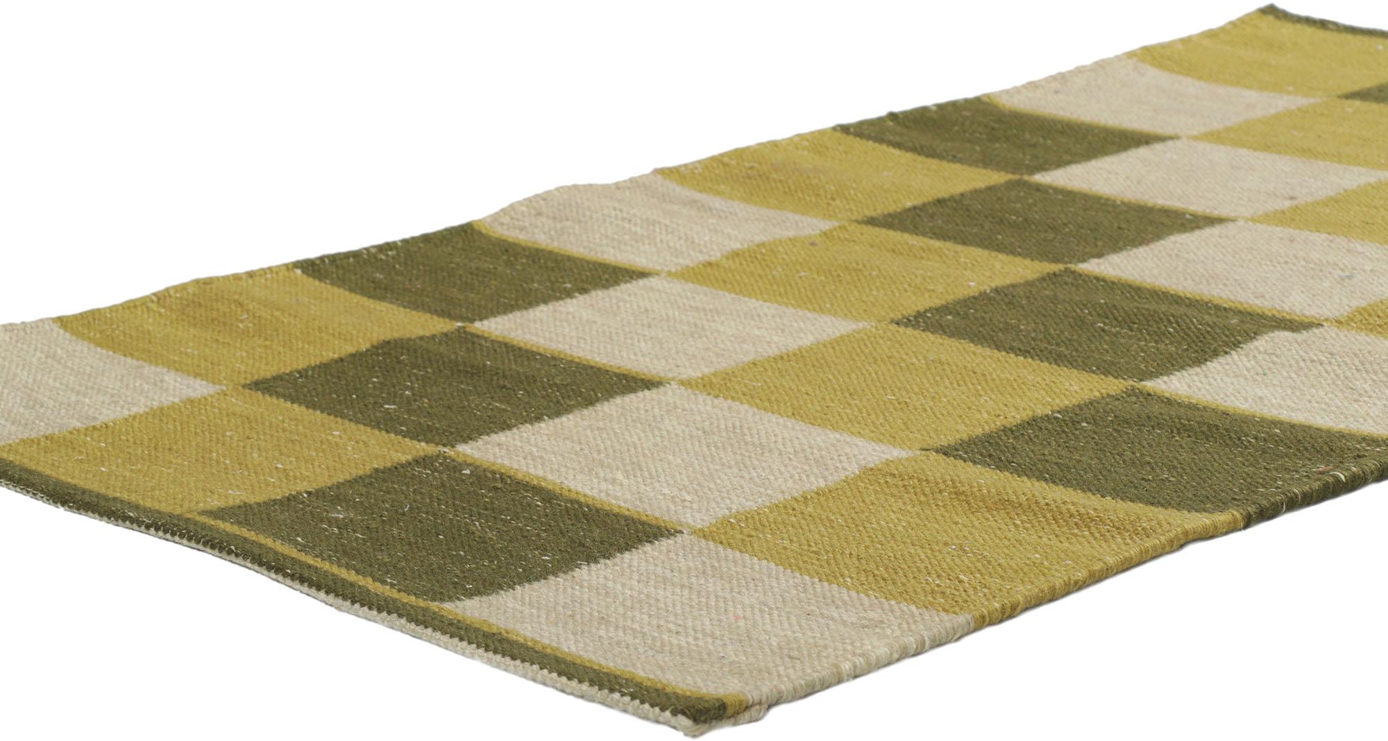 30704 New Swedish inspired Kilim rug with Scandinavian Modern style 02'11 x 04'10. With its geometric design and bohemian hygge vibes, this hand-woven wool Swedish inspired Kilim rug beautifully embodies the simplicity of Scandinavian modern style.