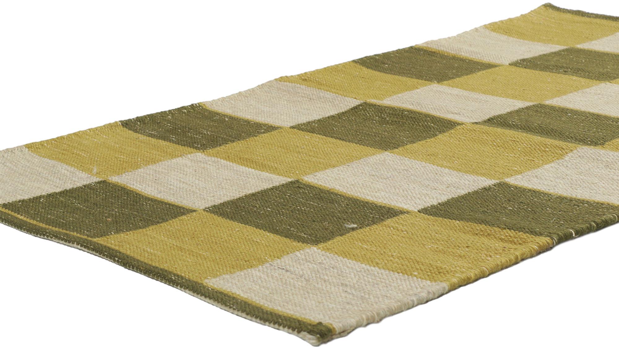 30703 New Swedish Inspired Kilim Rug with Scandinavian Modern Style 02'11 x 04'11. With its geometric design and bohemian hygge vibes, this hand-woven wool Swedish inspired Kilim rug beautifully embodies the simplicity of Scandinavian modern style.