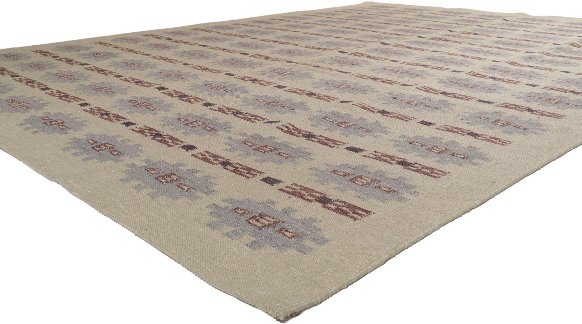 30676 New Swedish Inspired Kilim Rug with Scandinavian Modern Style 10'00 x 13'05. With its geometric design and bohemian hygge vibes, this hand-woven wool Swedish Kilim rug beautifully embodies the simplicity of Scandinavian modern style. The