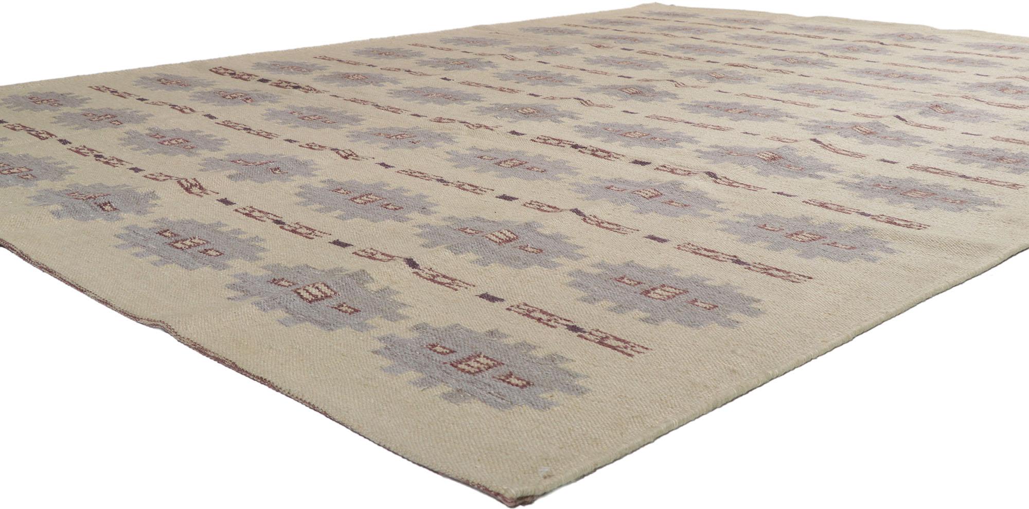 30677 New Swedish Inspired Kilim rug with Scandinavian Modern Style 08'09 x 11'06. With its geometric design and bohemian hygge vibes, this hand-woven wool Swedish Kilim rug beautifully embodies the simplicity of Scandinavian modern style. The