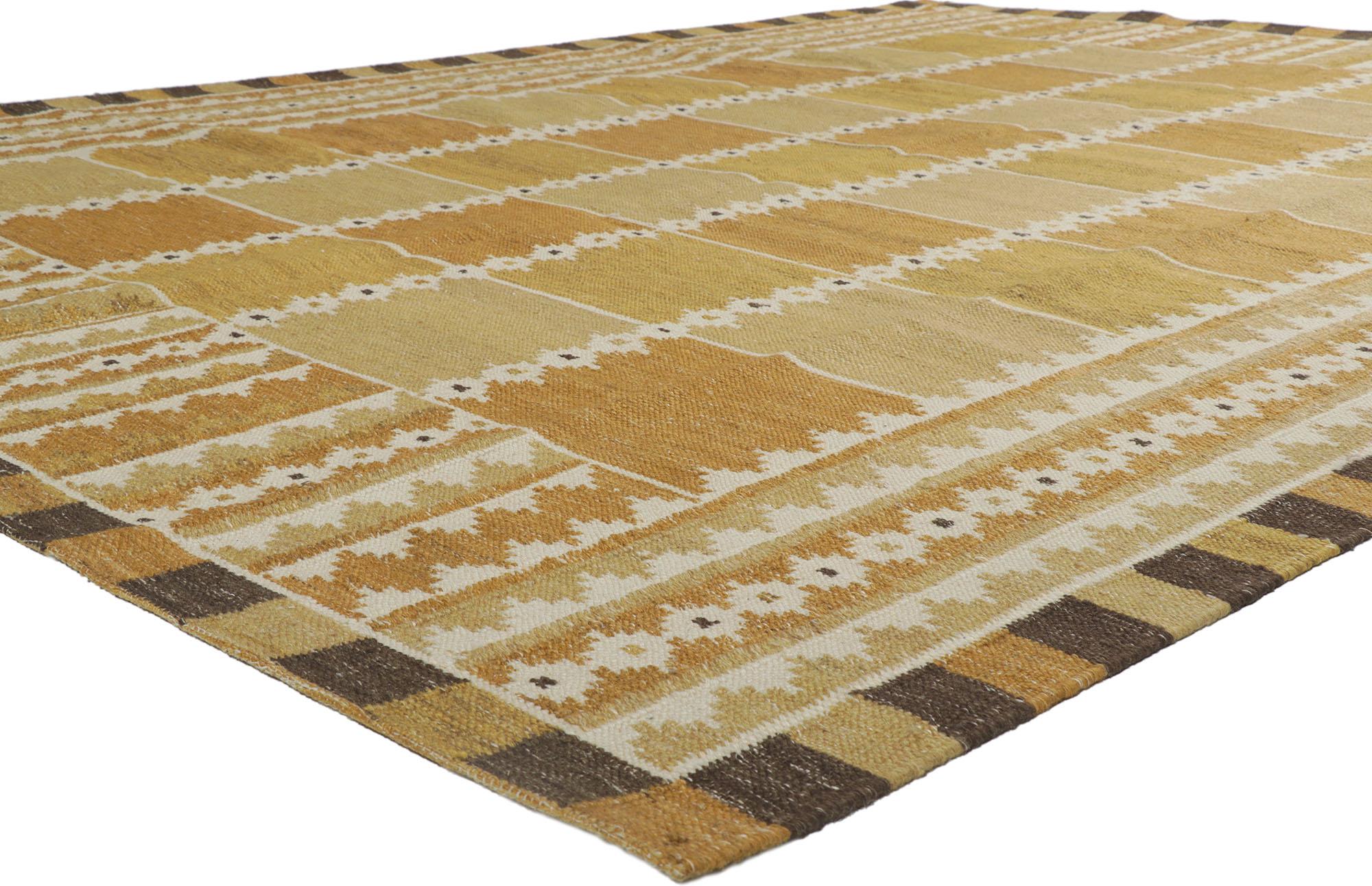 30682 new Swedish inspired Kilim rug with Scandinavian Modern style 09'00 x 11'10. With its geometric design and bohemian hygge vibes, this hand-woven wool Swedish inspired Kilim rug beautifully embodies the simplicity of Scandinavian modern style.
