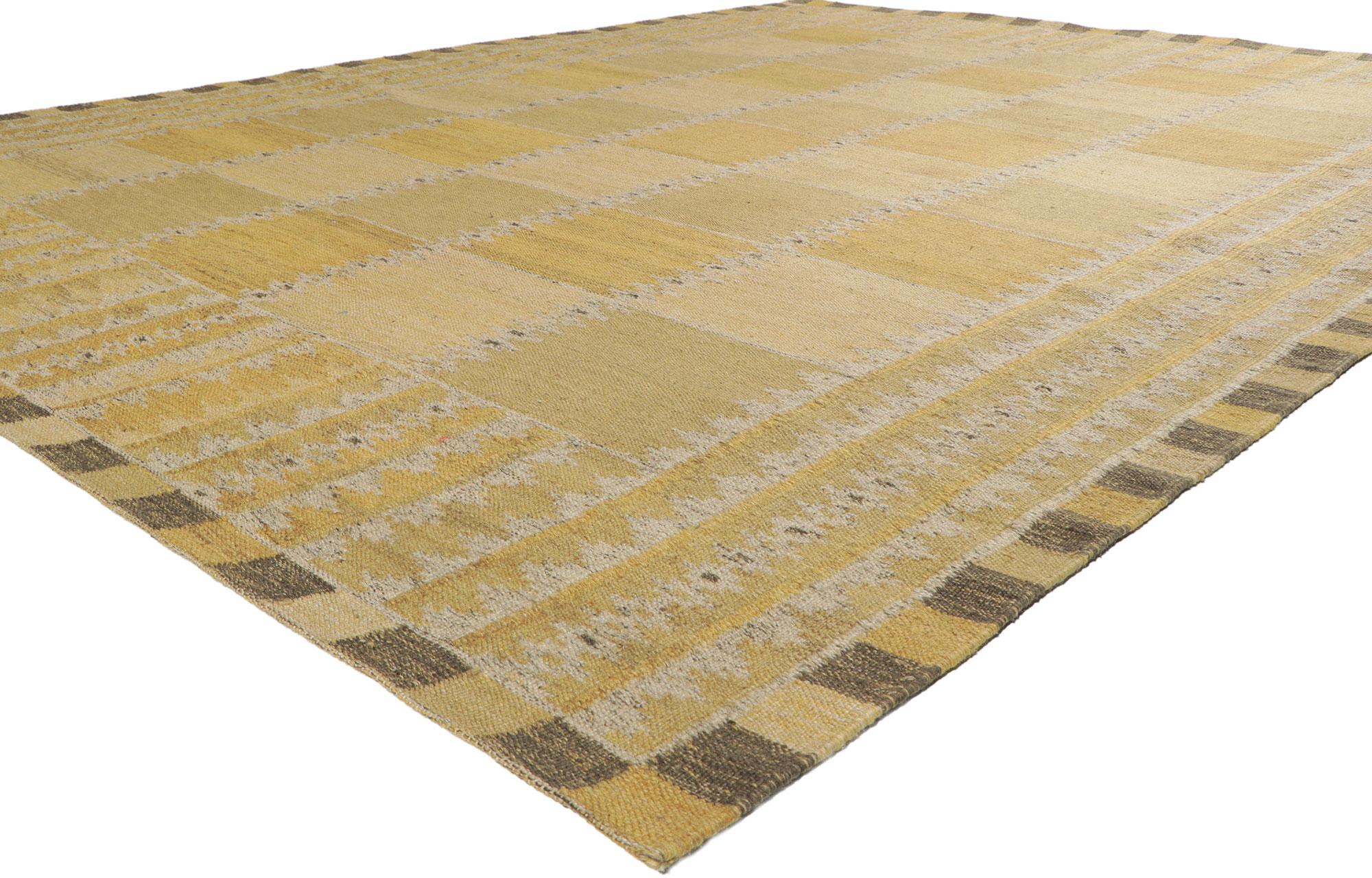 ?30801 New Swedish Marianne Richter Inspired Kilim rug 09'01 x 11'08. With its simplicity and geometric design, this hand-woven wool Swedish inspired Kilim rug provides a feeling of cozy contentment without the clutter. The abrashed golden striated
