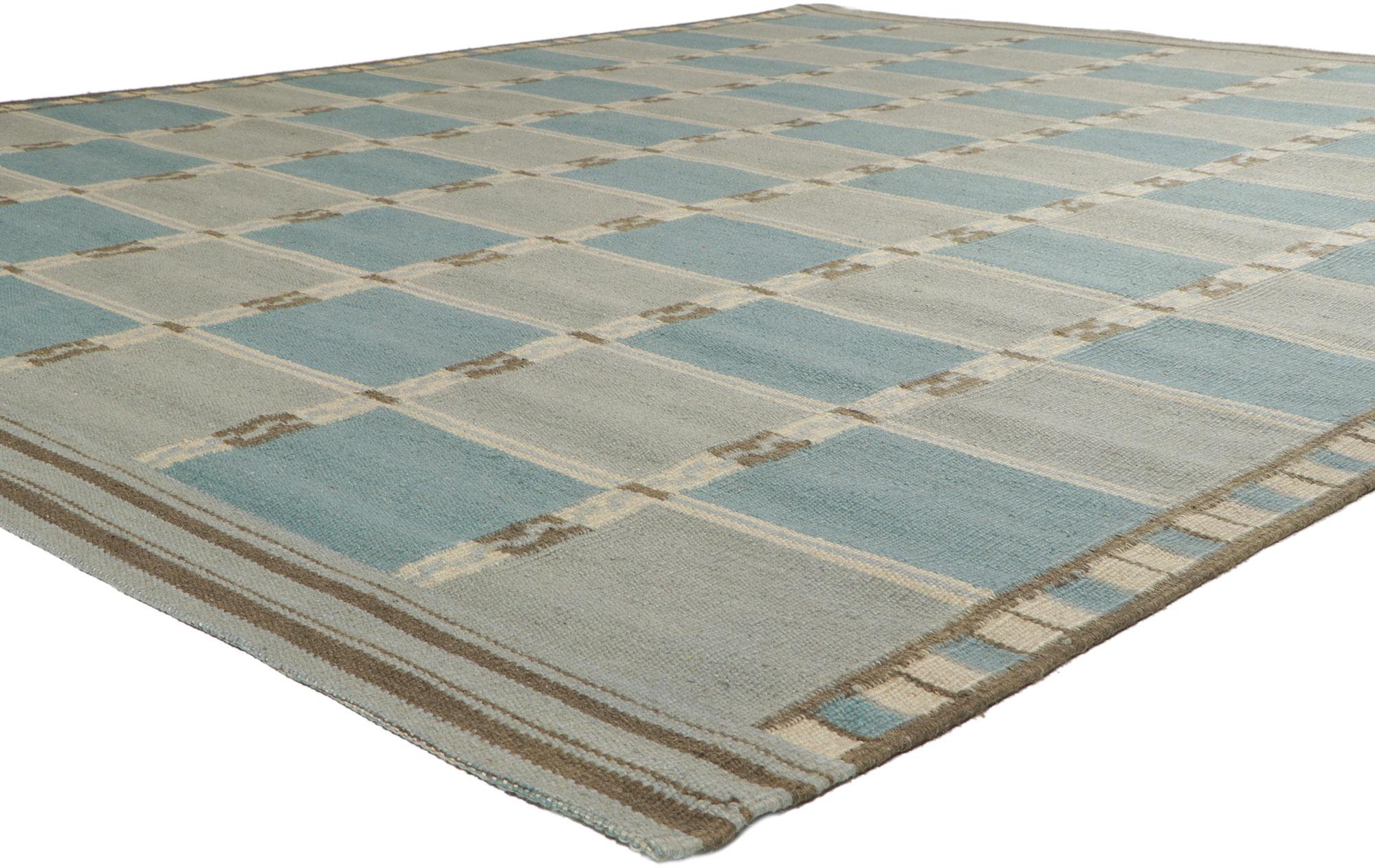 30856 Neuer schwedisch inspirierter Kilim-Teppich im skandinavisch-modernen Stil 09'06 x 11'09. Dieser handgewebte schwedisch-indische Kilim-Teppich aus Wolle verkörpert mit seinem geometrischen Design und dem Hauch von Bohème die Schlichtheit des