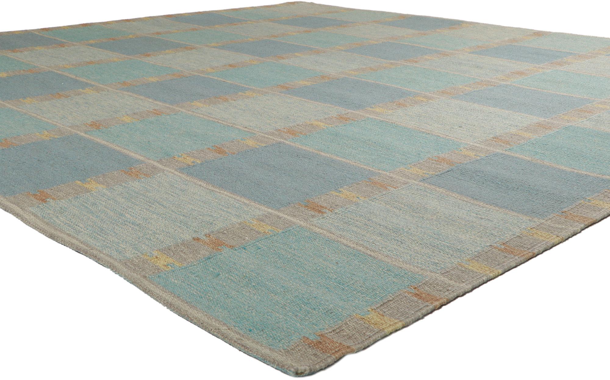30849 New Swedish Inspired Kilim rug with Scandinavian Modern Style, 09'10 x 10'03. With its geometric design and bohemian hygge vibes, this hand-woven wool Swedish Indian Kilim rug beautifully embodies the simplicity of Scandinavian modern style.