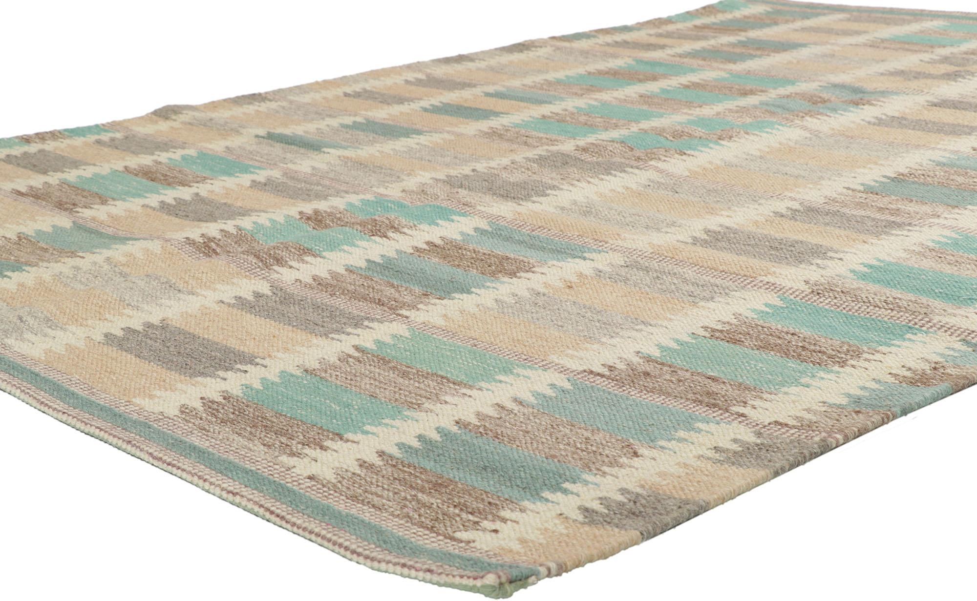 30692 new Swedish inspired Kilim rug with Scandinavian Modern style 06'02 x 08'07. With its simplicity, geometric design and soft colors, this hand-woven wool Swedish inspired Kilim rug is a vision of woven beauty. The abrashed field features an