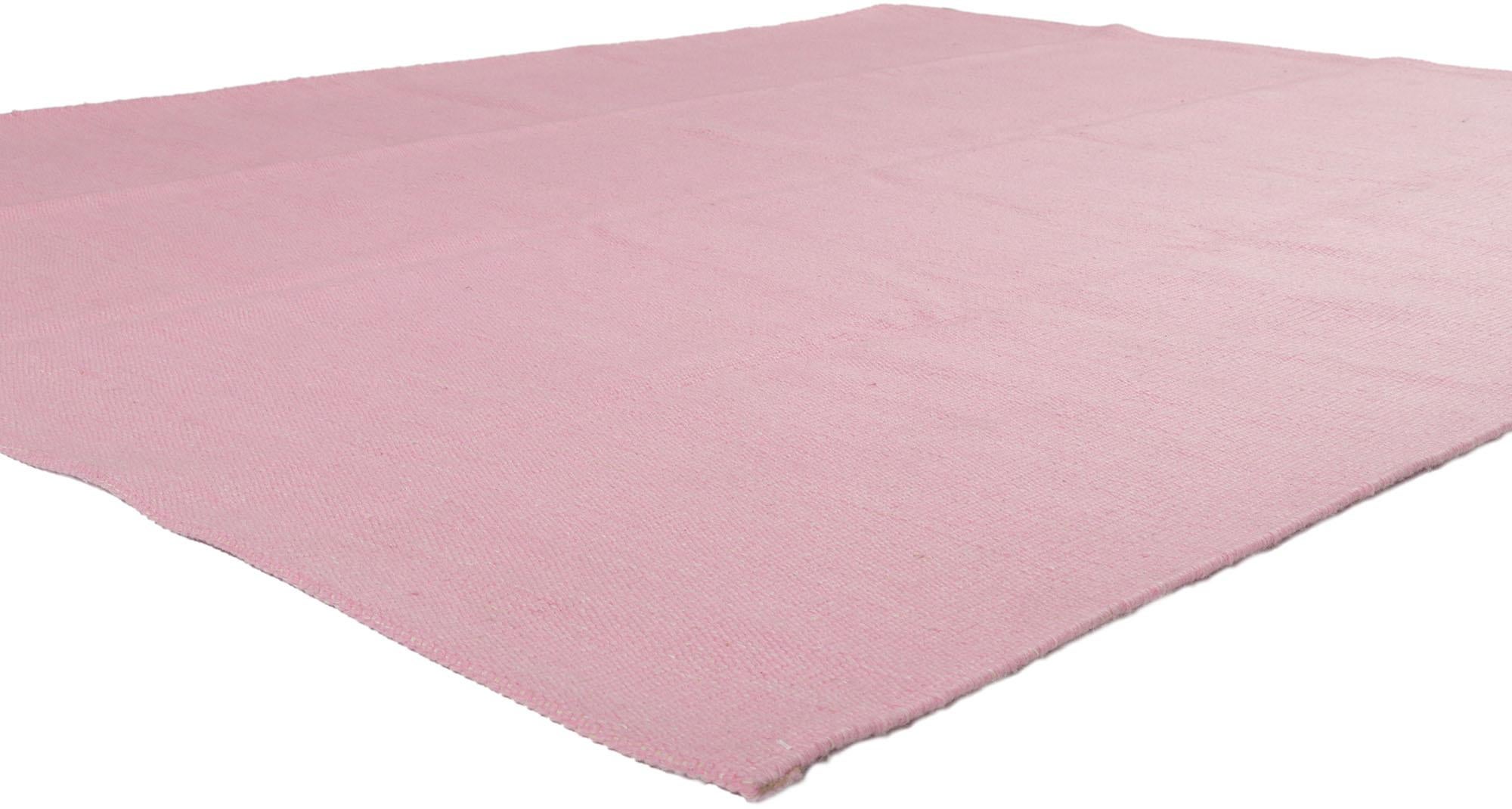 ?30678 New Swedish inspired pink Kilim rug with Scandinavian Modern Style 07'09 x 09'06. ??From subtle to sensation with bohemian hygge vibes, this hand-woven wool Swedish inspired pink Kilim rug beautifully embodies the simplicity of Scandinavian