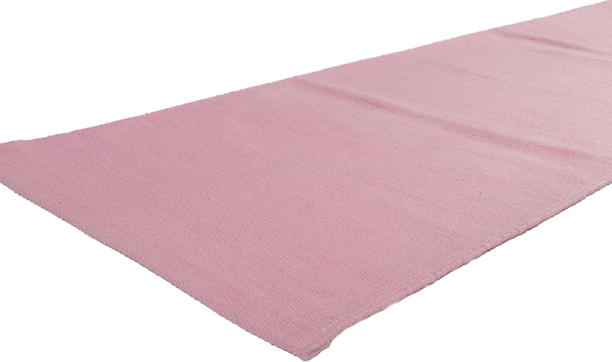 ?30690 new Swedish inspired pink Kilim Runner with Scandinavian Modern style 03'01 x 11'09. ??From subtle to sensation with bohemian hygge vibes, this hand-woven wool Swedish inspired pink Kilim runner beautifully embodies the simplicity of