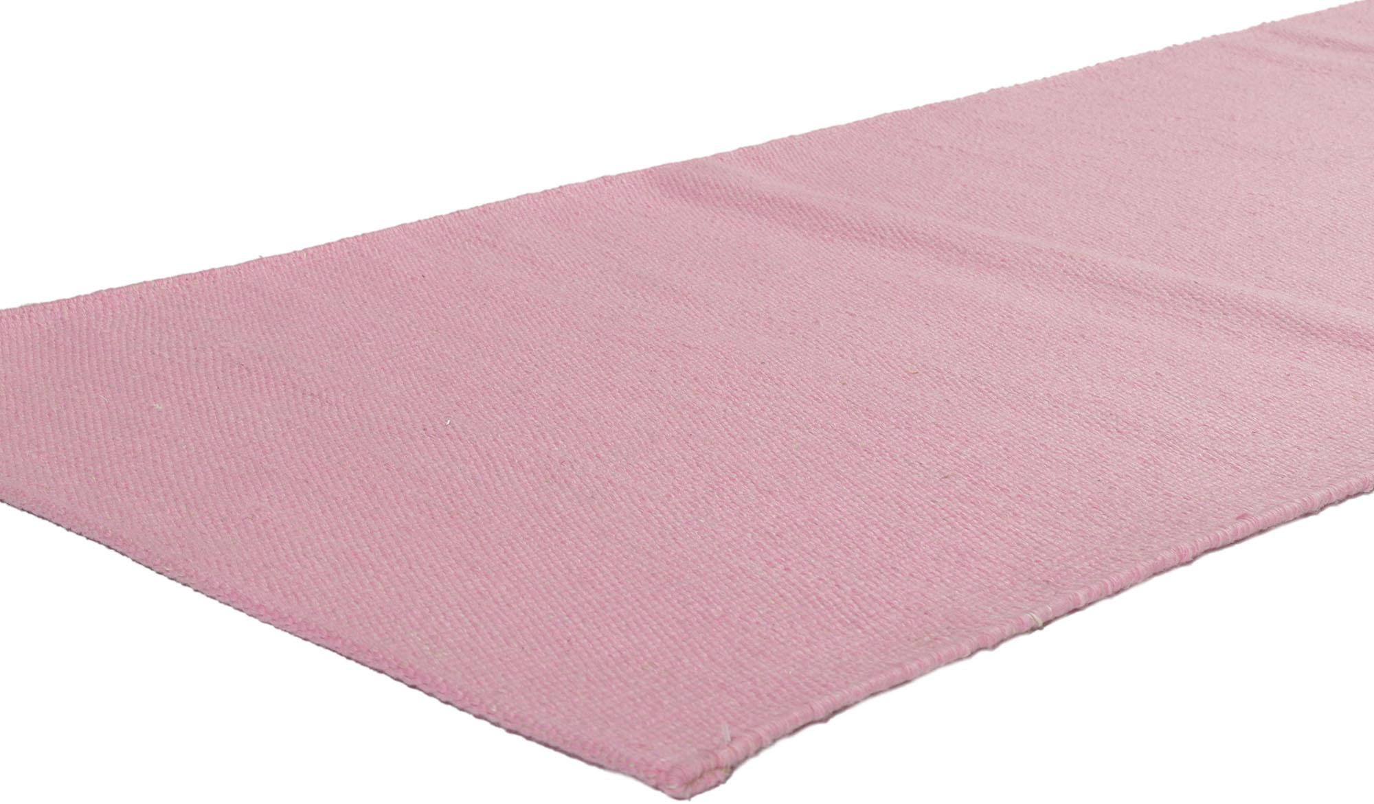 30691 New Swedish inspired pink Kilim runner with Scandinavian Modern style 03'01 x 11'10. ??From subtle to sensation with bohemian hygge vibes, this hand-woven wool Swedish inspired pink Kilim runner beautifully embodies the simplicity of