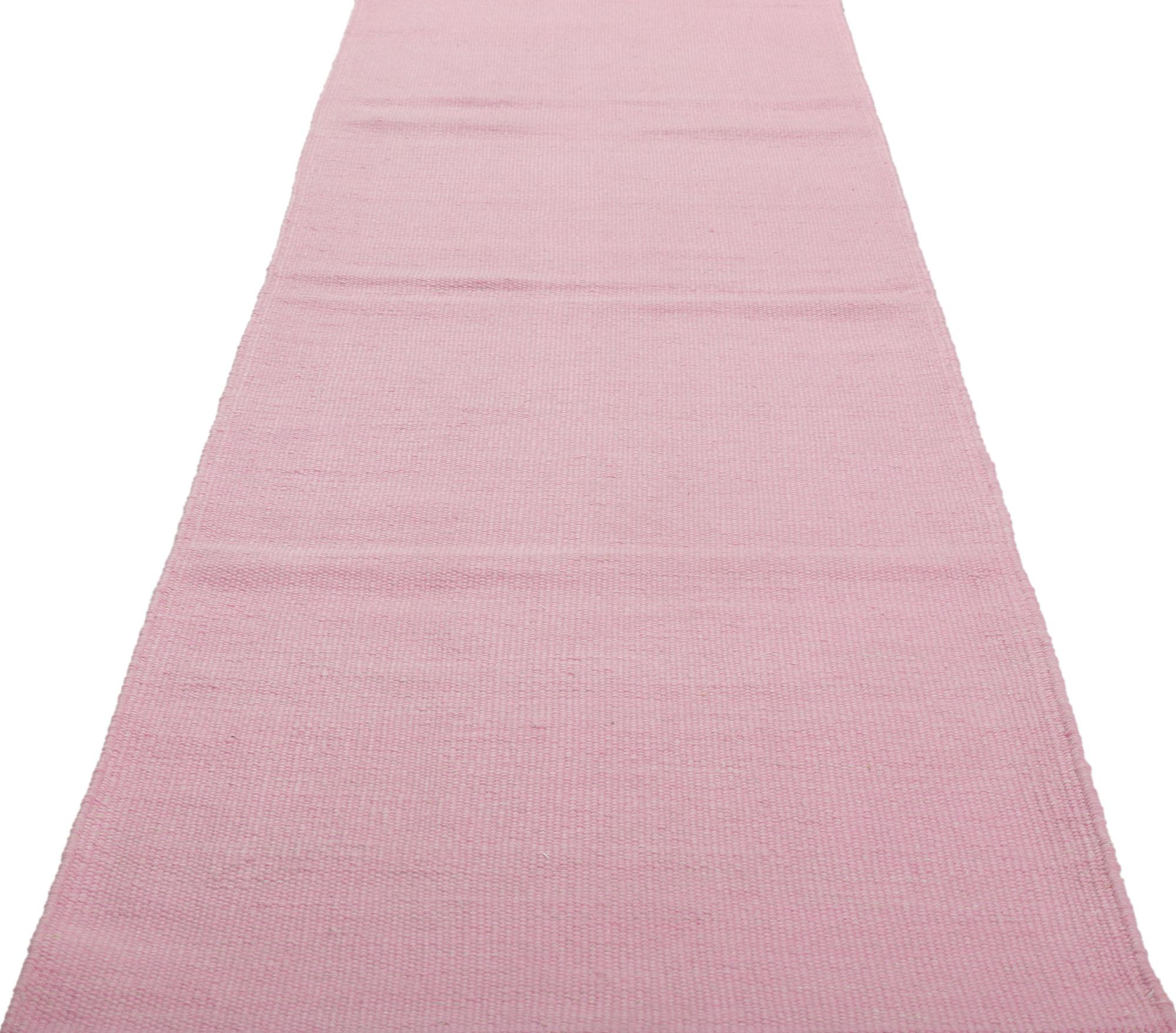 Hand-Woven New Swedish Inspired Pink Kilim Runner with Scandinavian Modern Style  For Sale