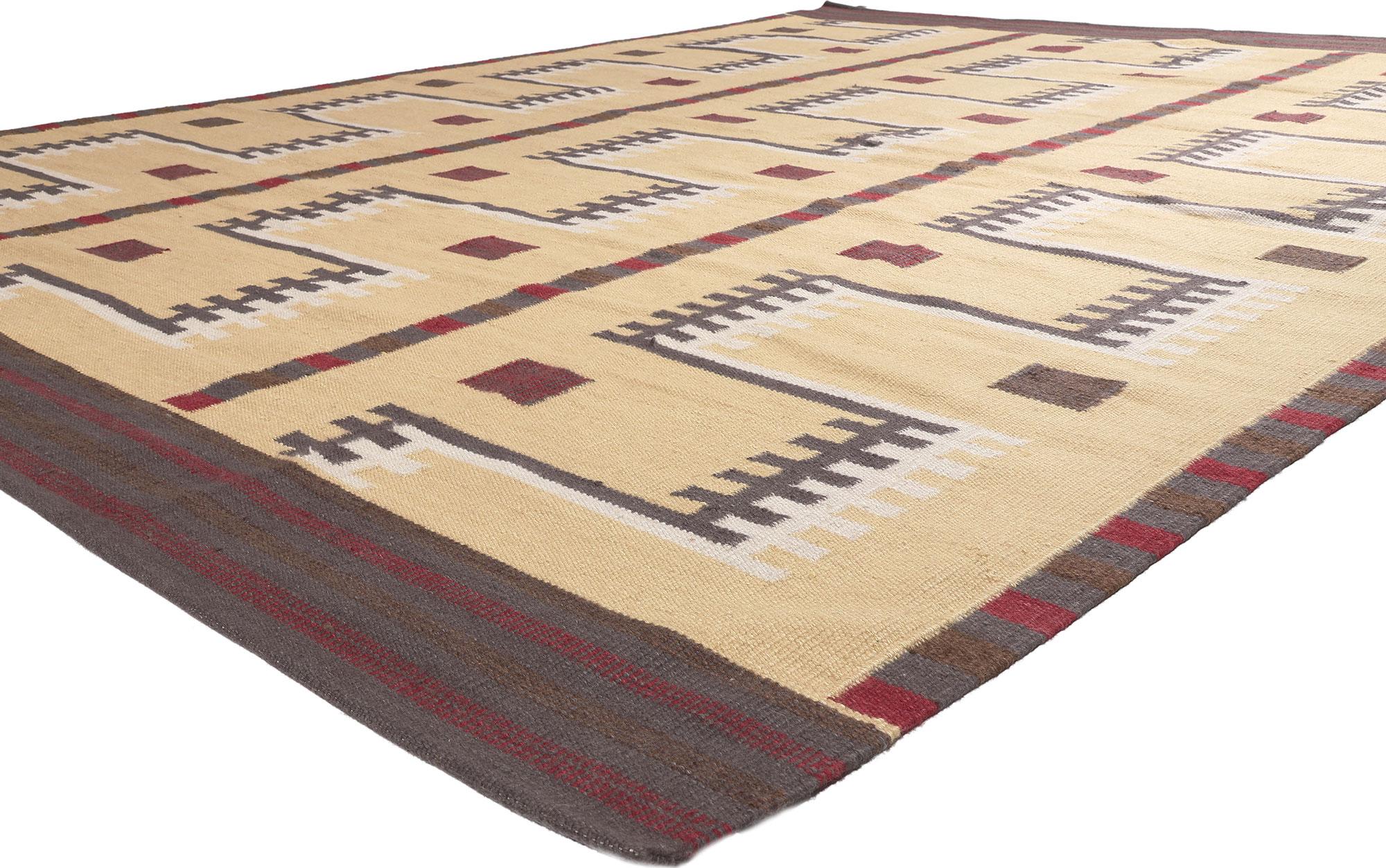 30962 New Swedish Inspired Kilim Rug, 10'02 x 12'10. This handwoven Swedish-style kilim rug showcases the dynamic and adventurous facet of Scandinavian design, captivating viewers with its bold geometric patterns and vibrant blue hues. The interplay