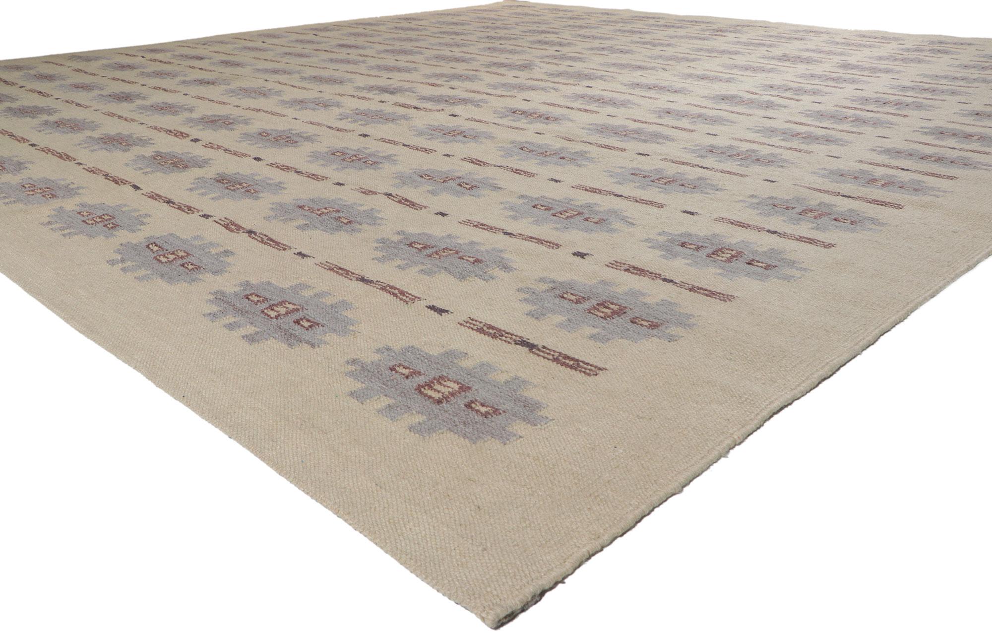 30791 New Swedish Inspired Kilim rug with Scandinavian Modern Style 14'05 x 15'00. With its geometric design and bohemian hygge vibes, this hand-woven wool Swedish Kilim rug beautifully embodies the simplicity of Scandinavian modern style. The