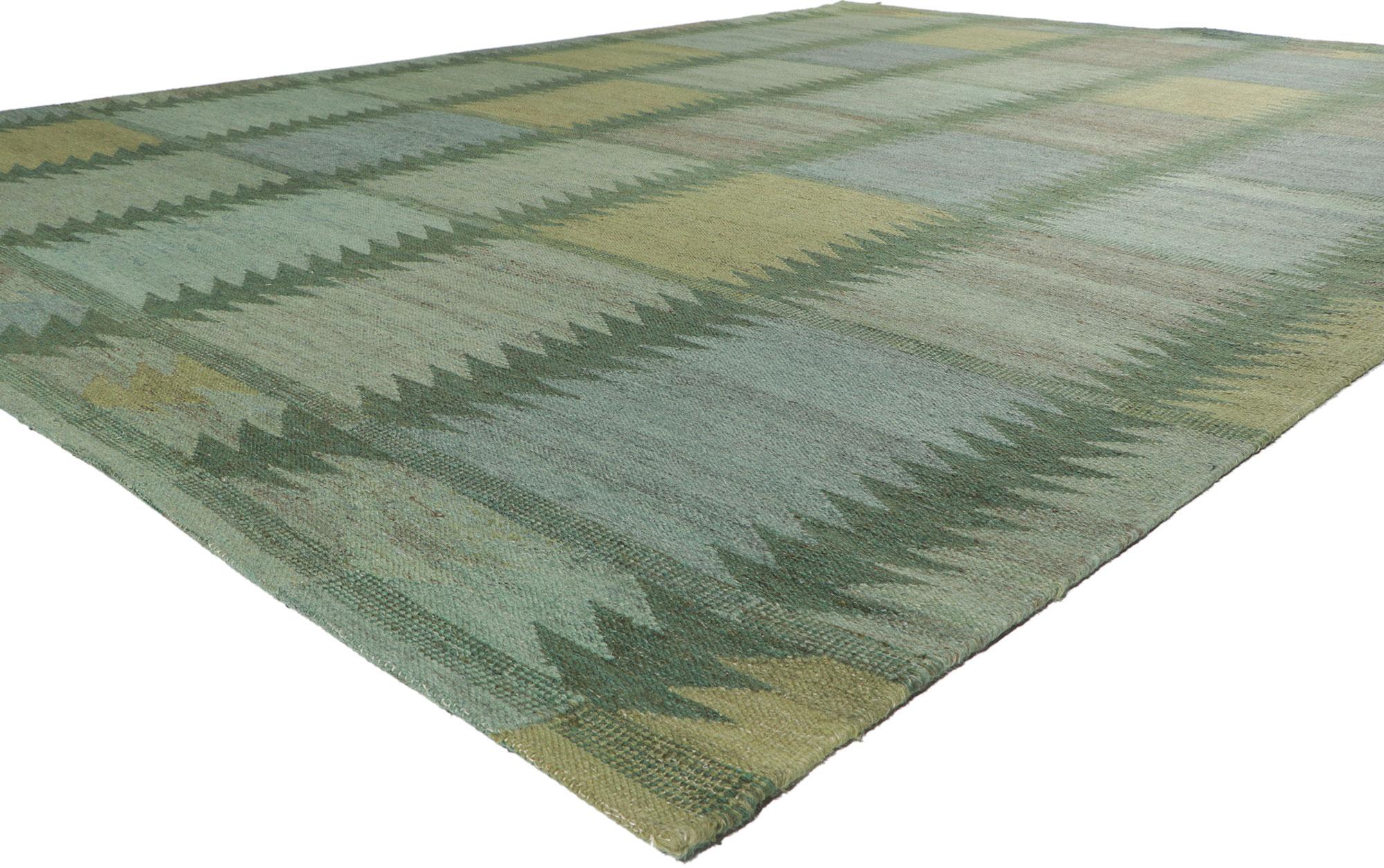 30798 New Swedish Marianne Richter Inspired Kilim Rug 10'02 x 13'07. With its simplicity and geometric design, this hand-woven wool Swedish inspired Kilim rug provides a feeling of cozy contentment without the clutter. The abrashed field features an