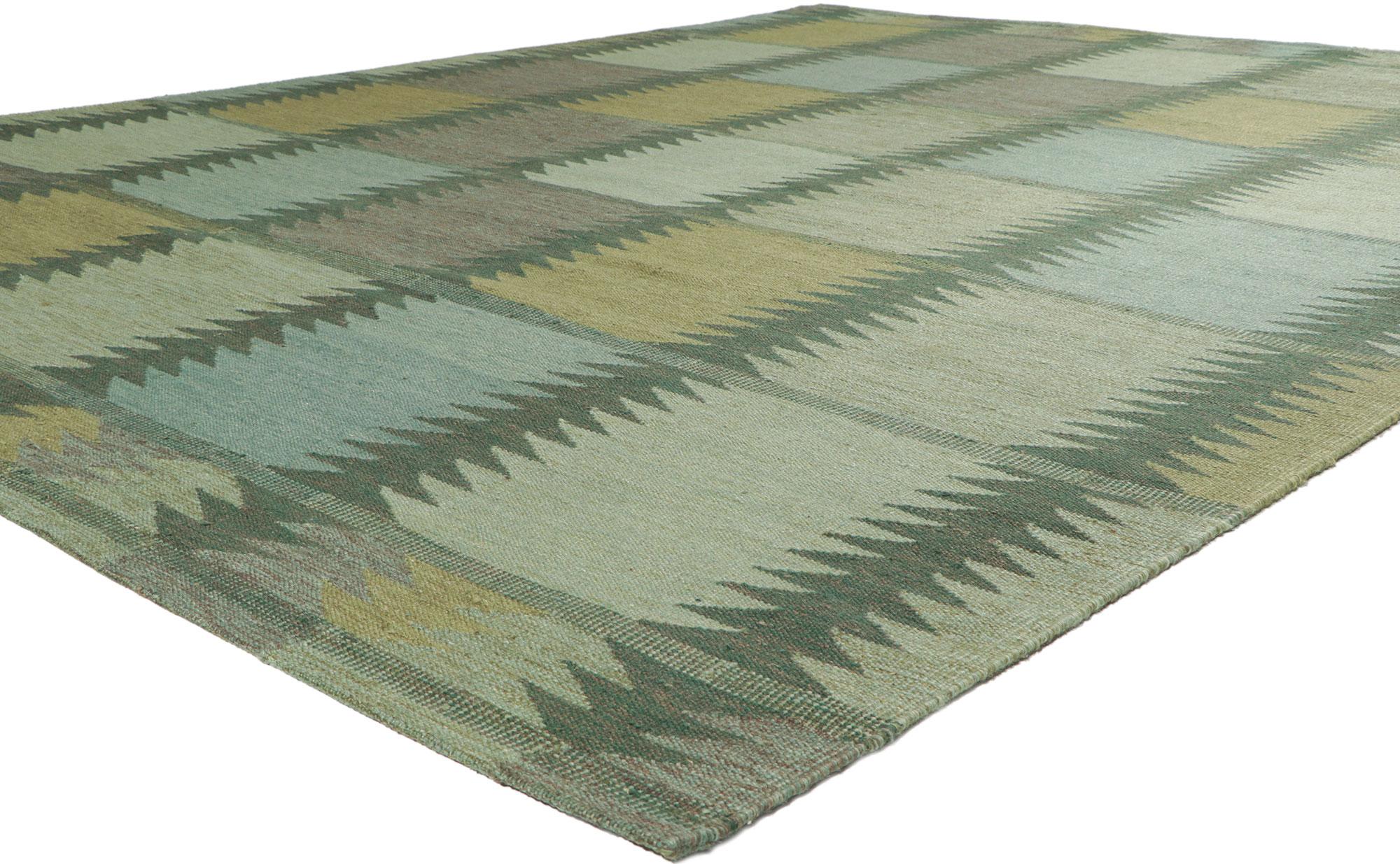 30842 New Swedish Marianne Richter Inspired Kilim Rug 09'01 x 11'09. With its simplicity and geometric design, this hand-woven wool Swedish inspired Kilim rug provides a feeling of cozy contentment without the clutter. The abrashed field features an