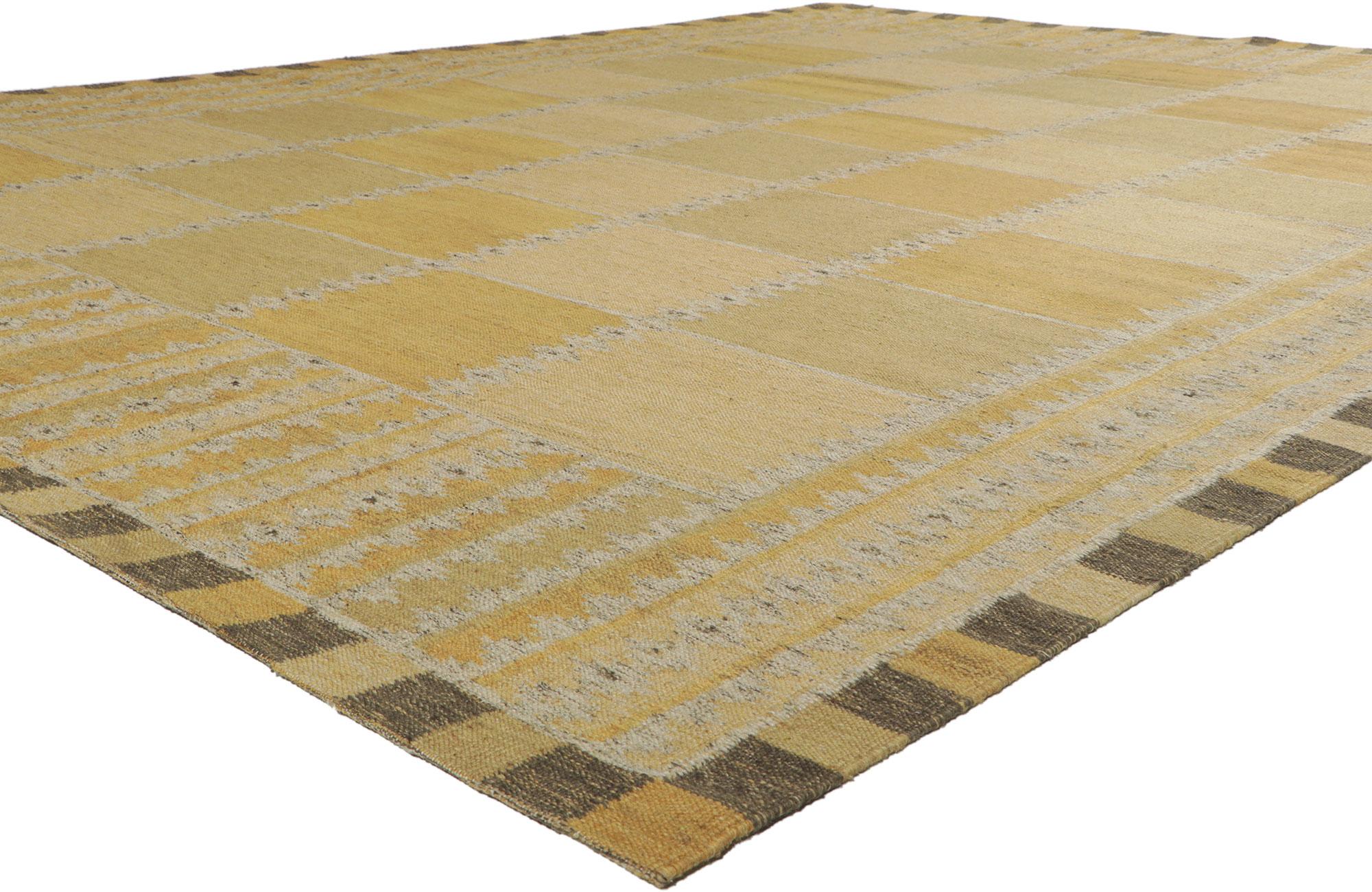 30854 New Swedish Marianne Richter Inspired Kilim rug, 10'02 x 13'05. With its simplicity and geometric design, this hand-woven wool Swedish inspired Kilim rug provides a feeling of cozy contentment without the clutter. The abrashed golden striated