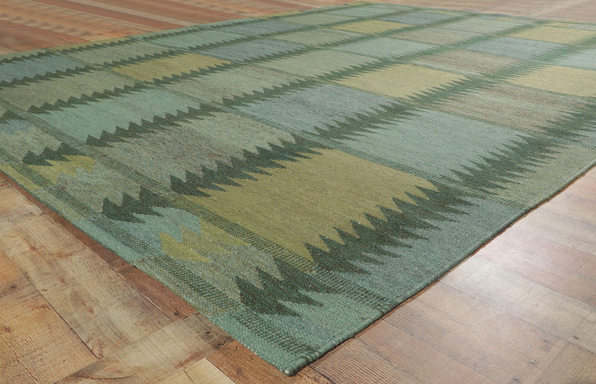 Wool New Green Checkerboard Swedish Inspired Kilim Rug, Grönt Rutmönster For Sale