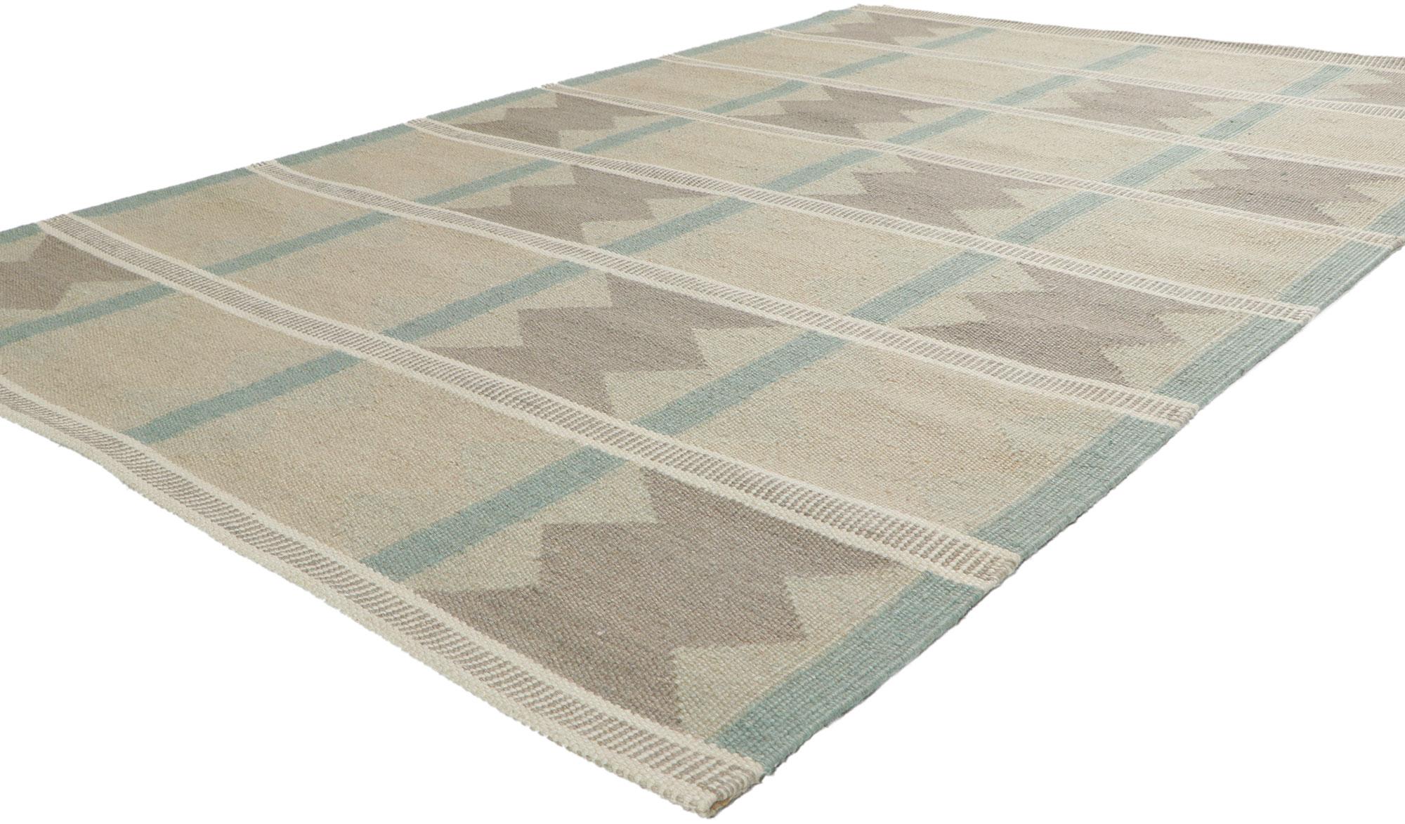 30803 New Swedish Style Kilim rug inspired by Ingegerd Silow 05'00 x 07'08. With its simplicity, geometric design and soft colors, this hand-woven wool Swedish inspired Kilim rug provides a feeling of cozy contentment without the clutter. The