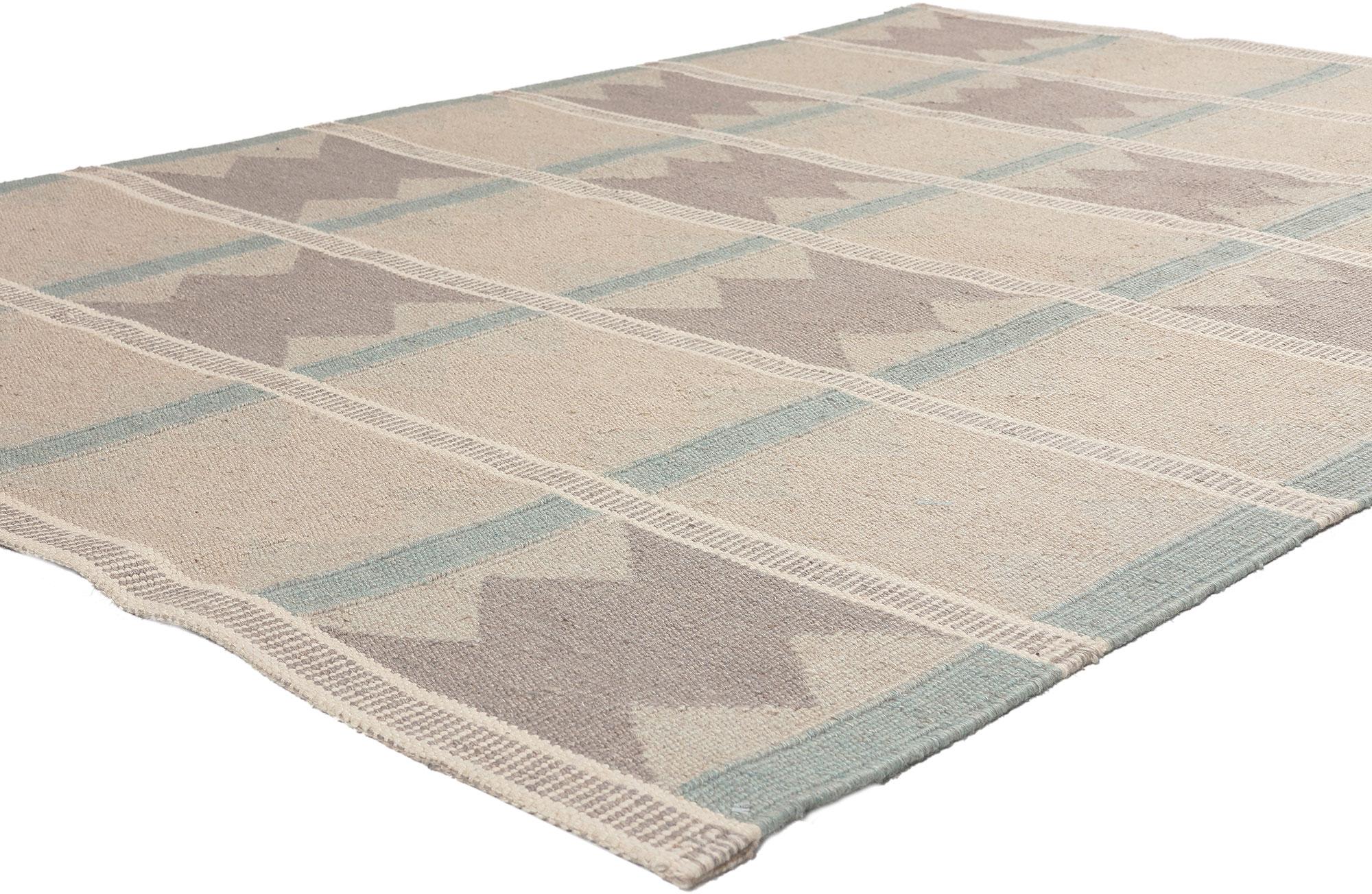 30802 Ingegerd Silow Swedish Inspired Kilim Rug, 05'04 x 07'08.
Sublime simplicity meets Scandinavian Modern style in this handwoven Swedish inspired Kilim rug. The geometric panel design and earthy hues woven into this piece work together creating