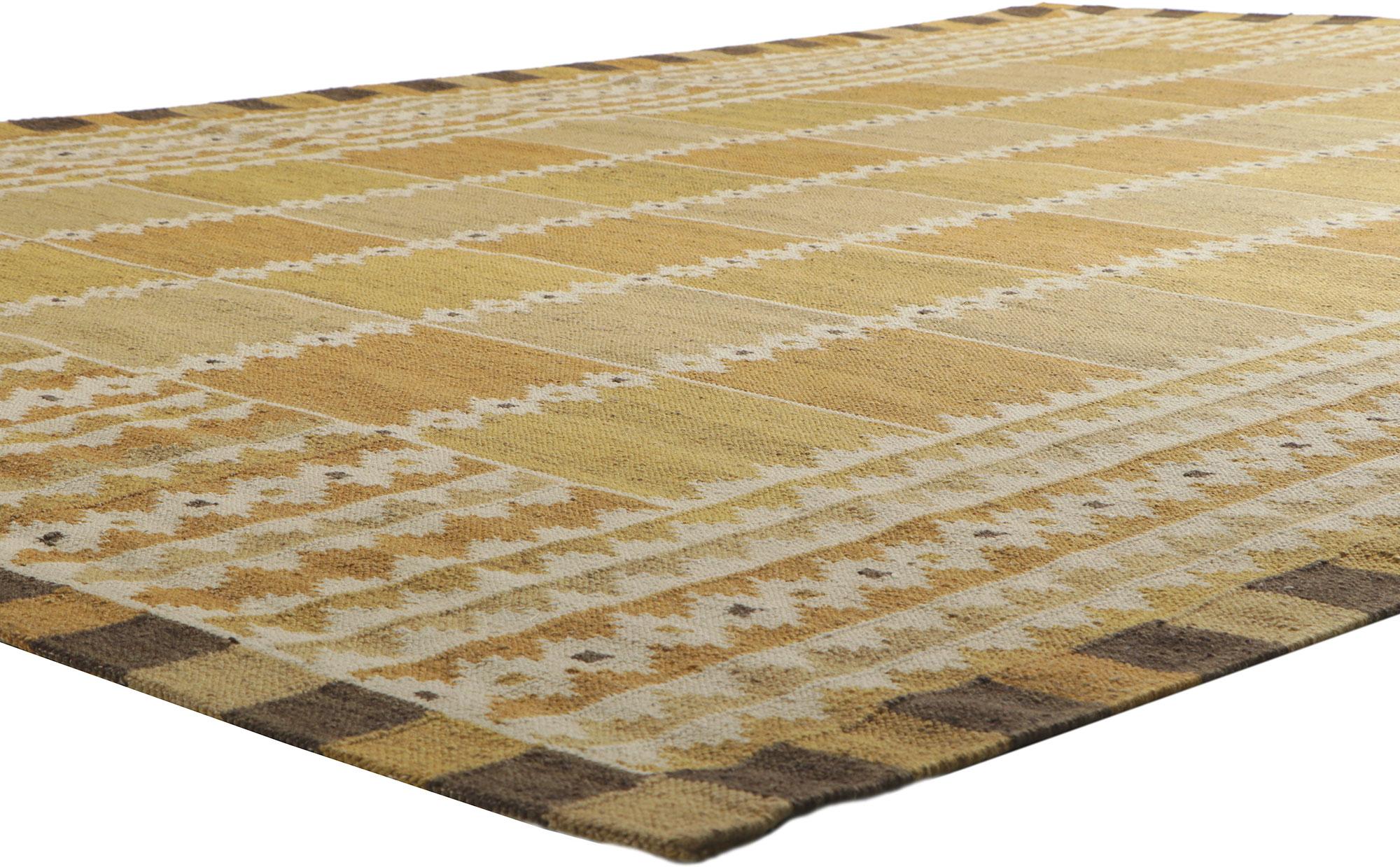 30800 New swedish style Kilim rug inspired by Marianne Richter 09'11 x 13'05. With its geometric design and bohemian hygge vibes, this hand-woven wool Swedish inspired Kilim rug beautifully embodies the simplicity of Scandinavian modern style. The