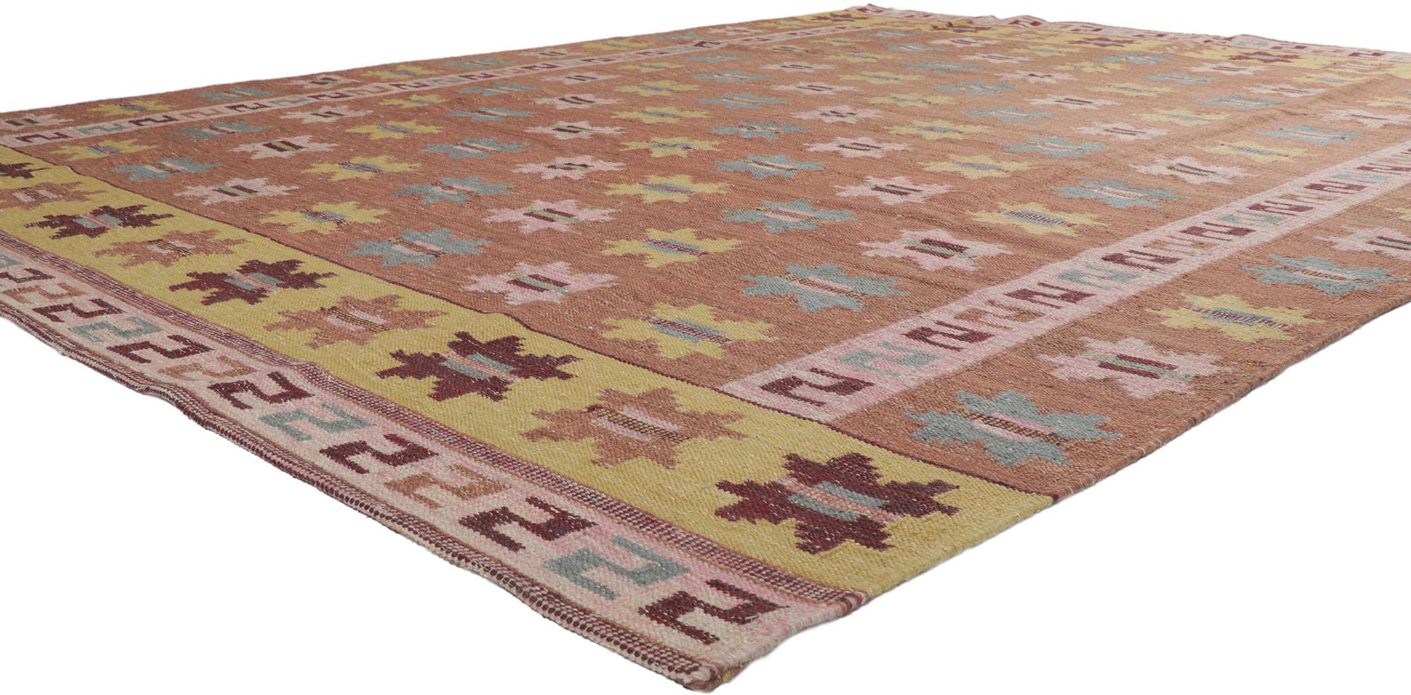 30681 New Swedish inspired Kilim rug inspired by Marta Maas-Fjetterstrom 10'00 x 12'11. With its simplicity, geometric design and soft colors, this hand-woven wool Swedish inspired Kilim rug is a vision of woven beauty. The abrashed rust colored