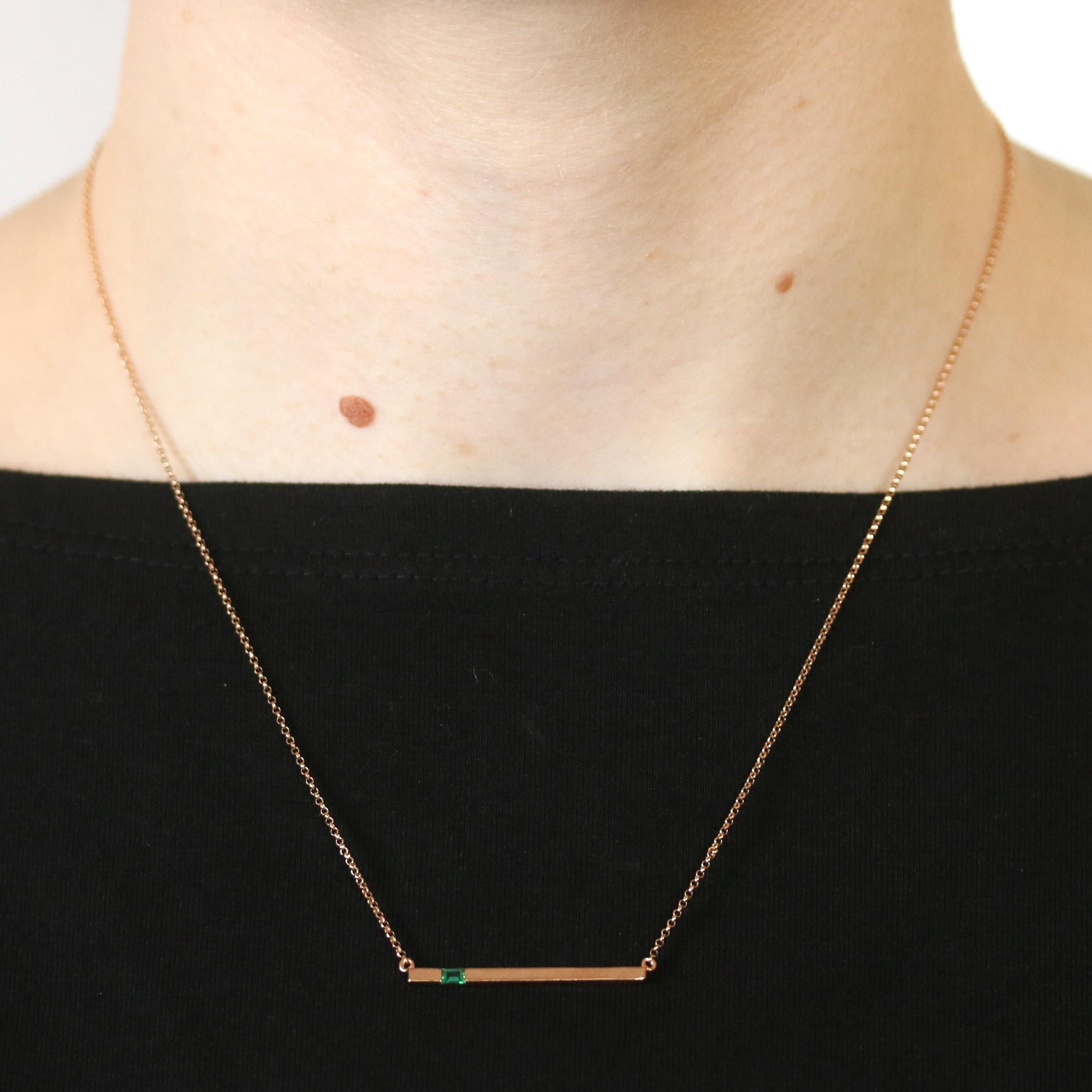 Emerald Cut New Synthetic Emerald Bar Necklace, 10k Rose Gold Rolo Chain For Sale