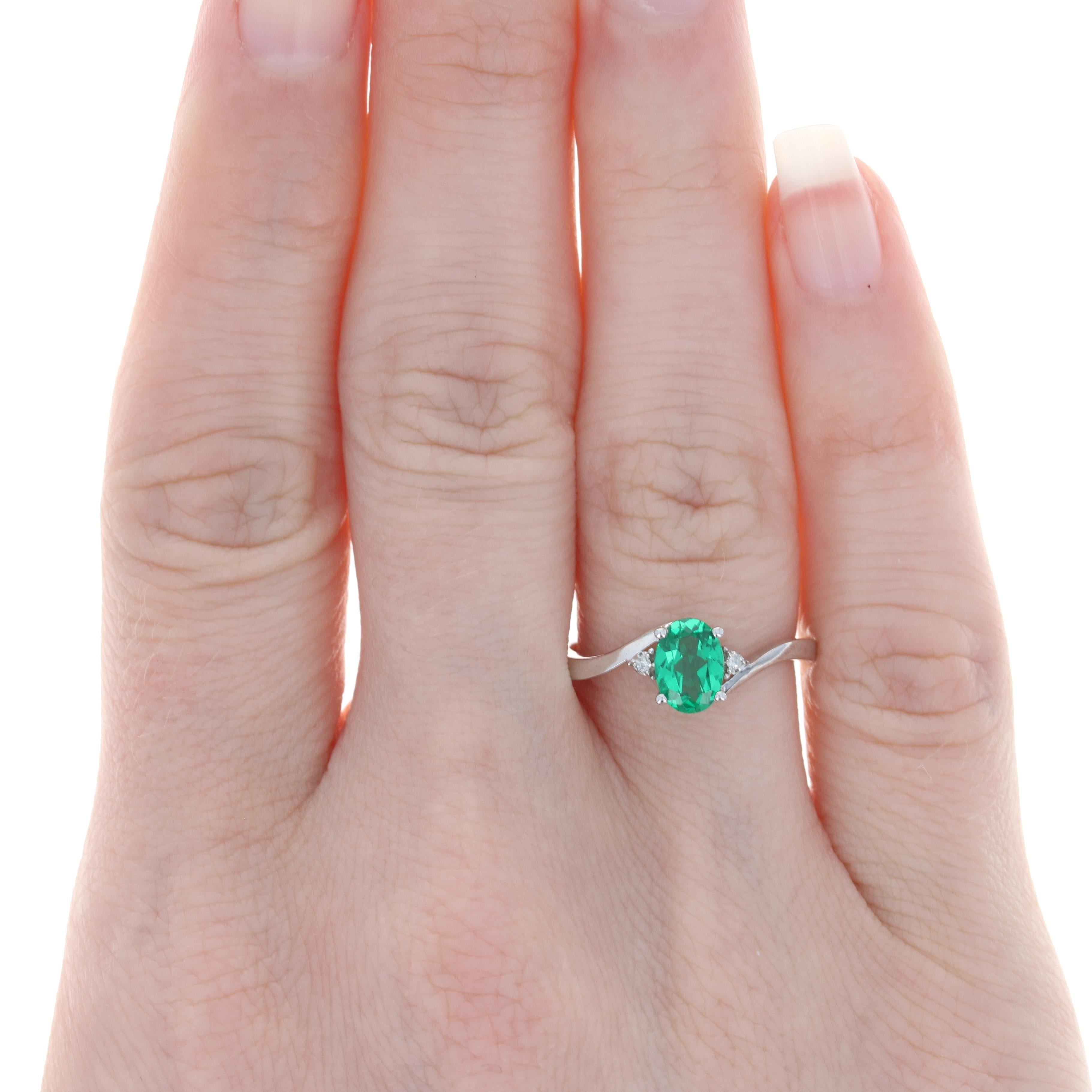 For Sale:  New Synthetic Emerald & Diamond Ring, 10k White Gold Bypass .86ctw 3