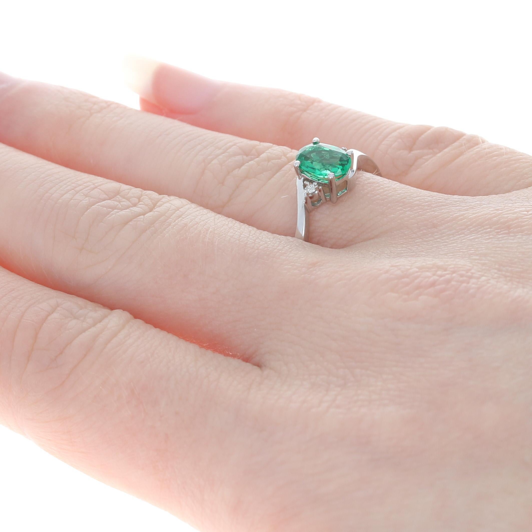 For Sale:  New Synthetic Emerald & Diamond Ring, 10k White Gold Bypass .86ctw 4