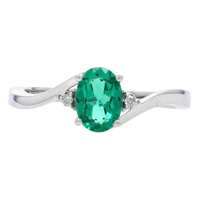 New Synthetic Emerald & Diamond Ring, 10k White Gold Bypass .86ctw