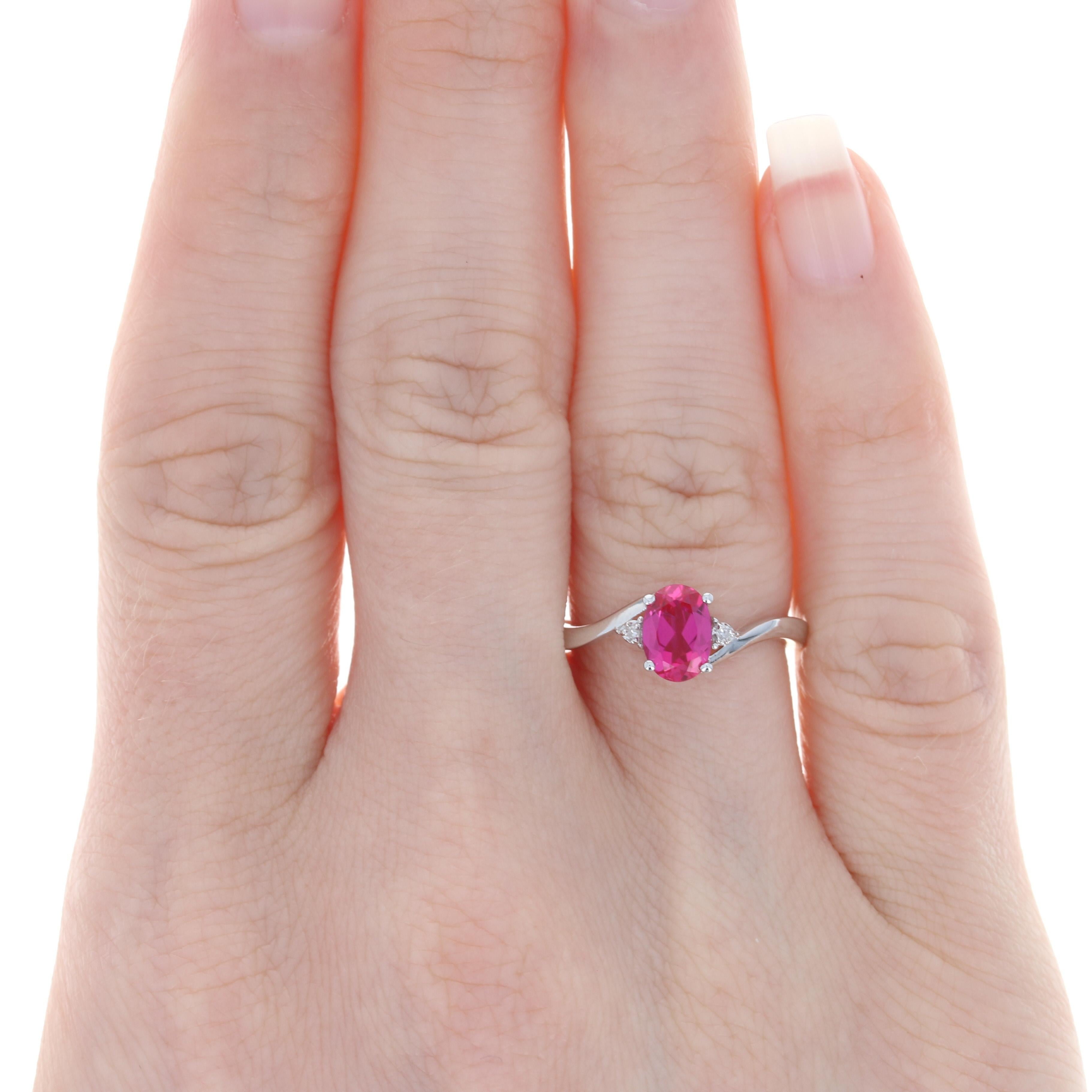 For Sale:  New Synthetic Ruby & Diamond Ring, 10k White Gold Bypass 1.07ctw 3