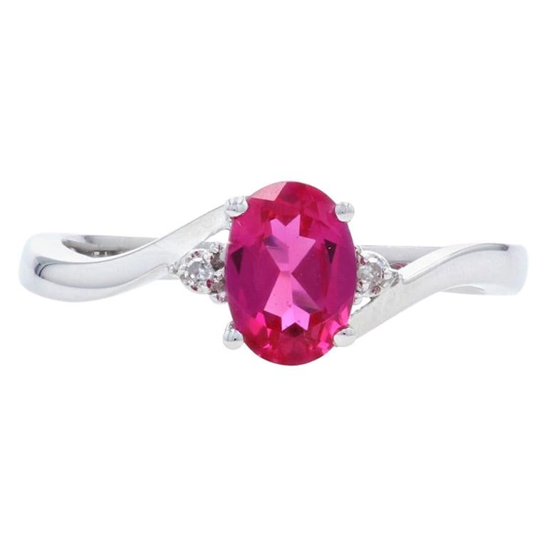 For Sale:  New Synthetic Ruby & Diamond Ring, 10k White Gold Bypass 1.07ctw