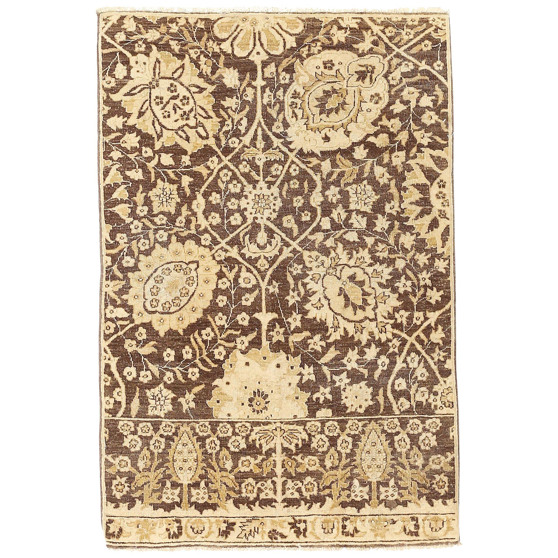 New Tabriz Rug with Beige and Brown Flower Motifs on Ivory Field For Sale