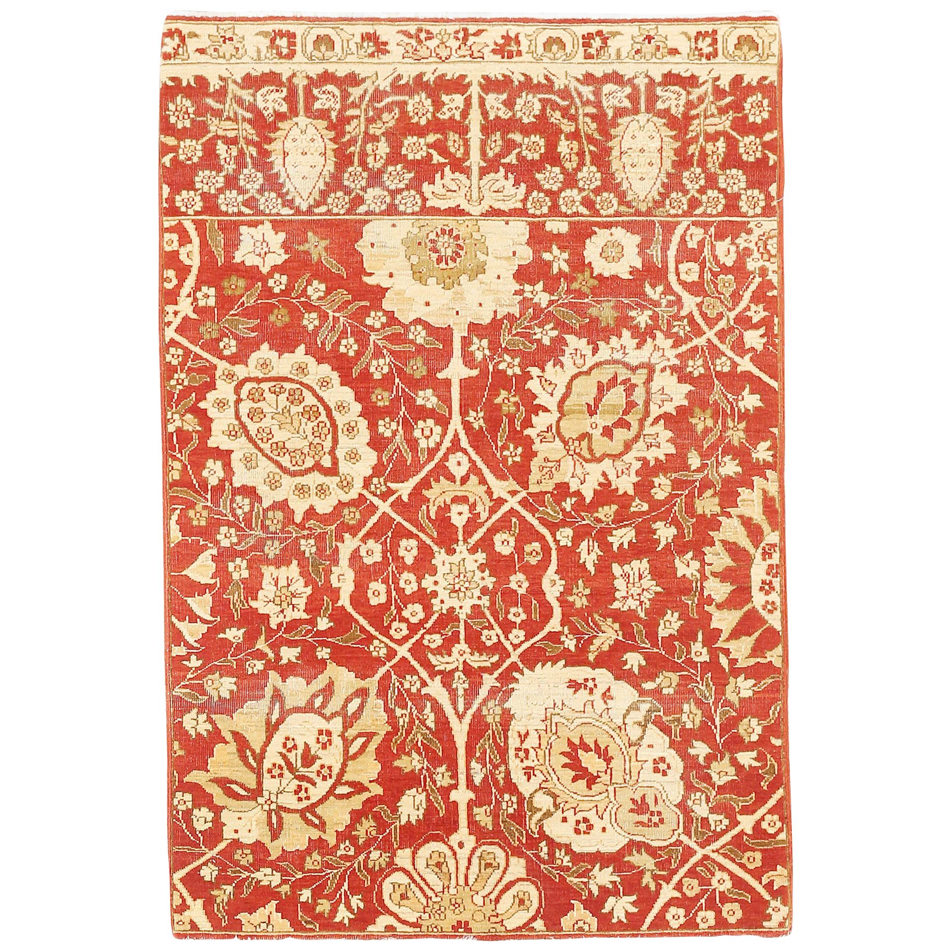 New Tabriz Rug with Beige and Ivory Flower Motifs on Red Field