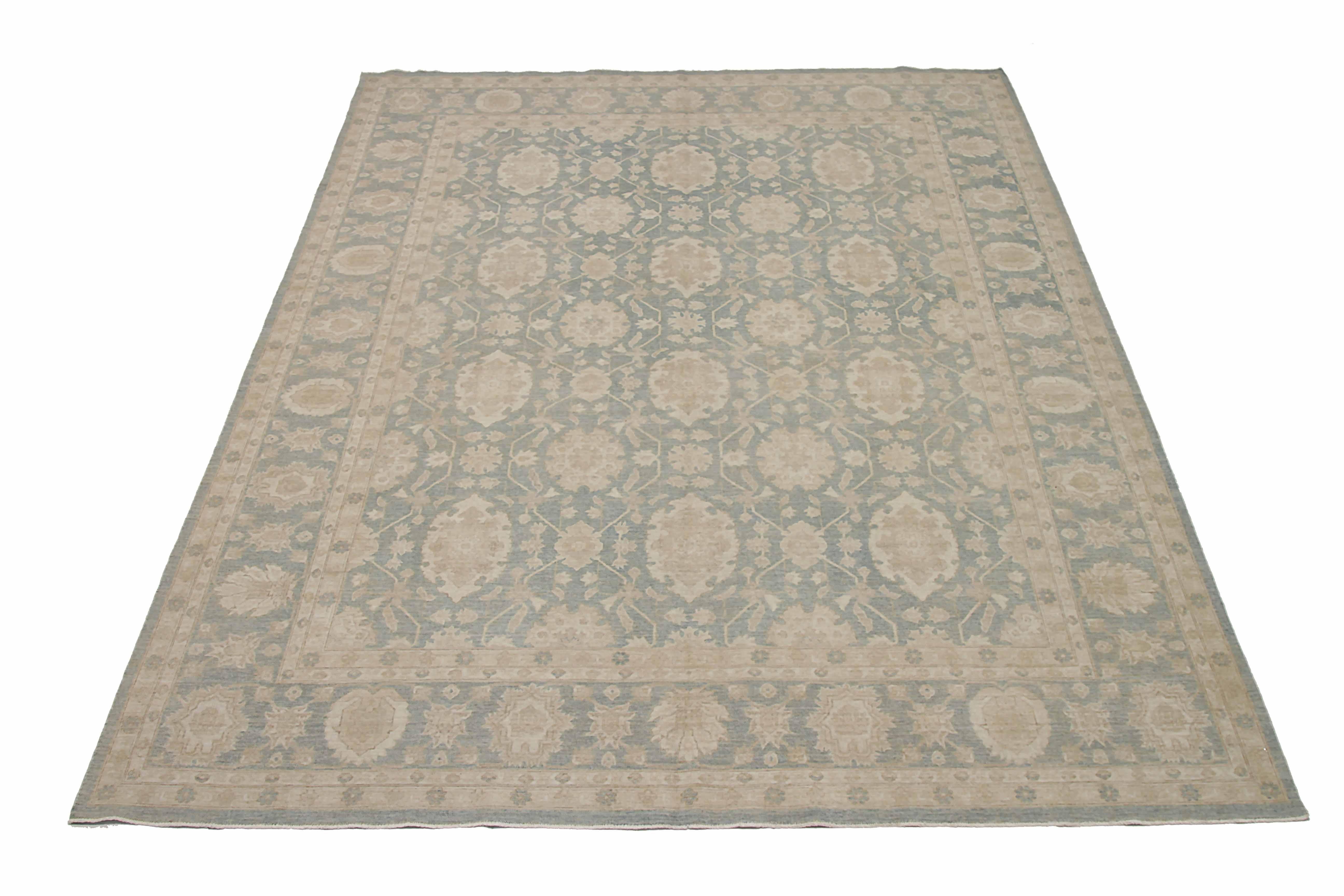 New Afghan area rug handwoven from the finest sheep’s wool. It’s colored with all-natural vegetable dyes that are safe for humans and pets. It’s a traditional Tabriz design woven by expert artisans. In addition to the fine weaving, this rug