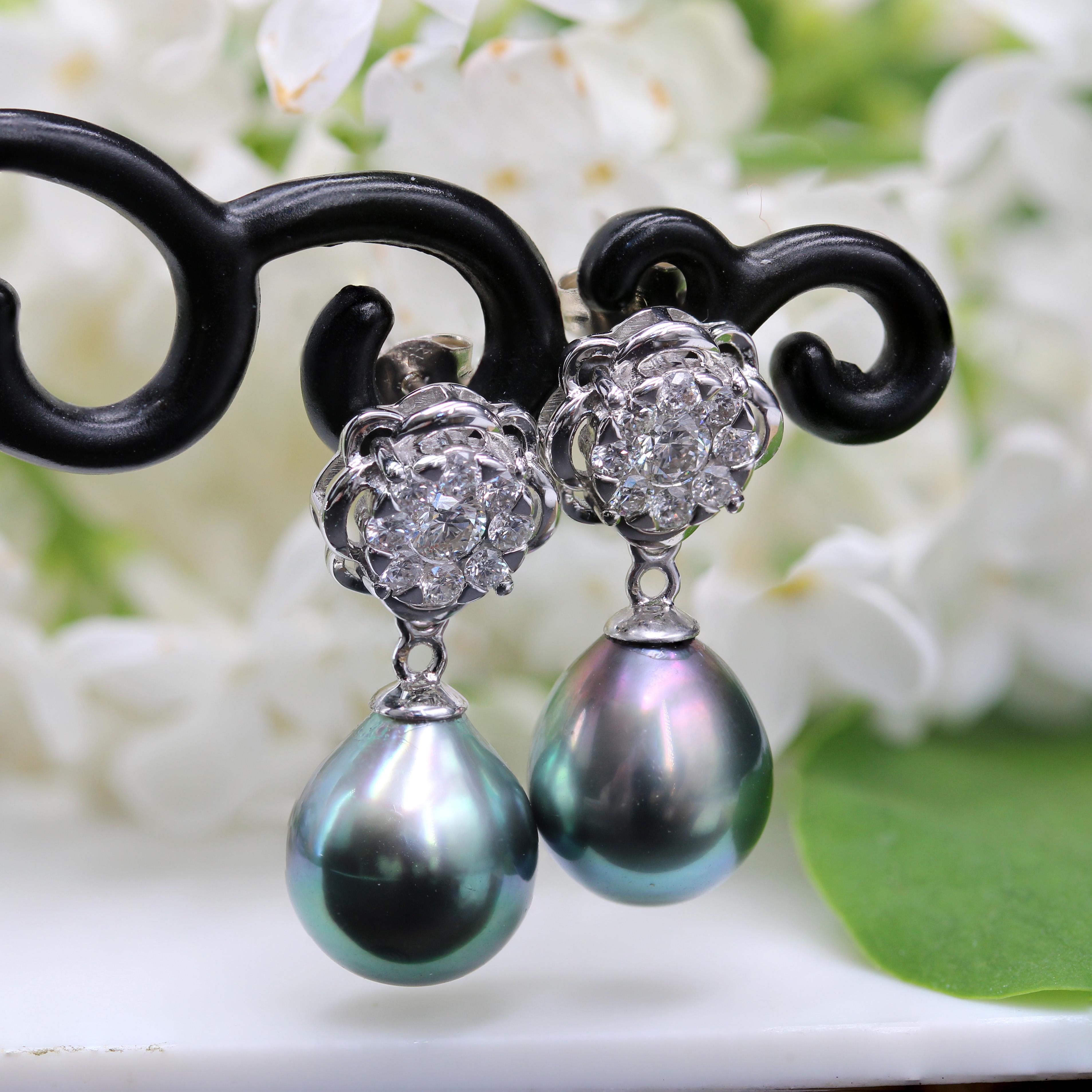 New Tahitian Pearl Diamonds 18 Karat White Gold Dangle Convertible Stud Earrings For Sale 2