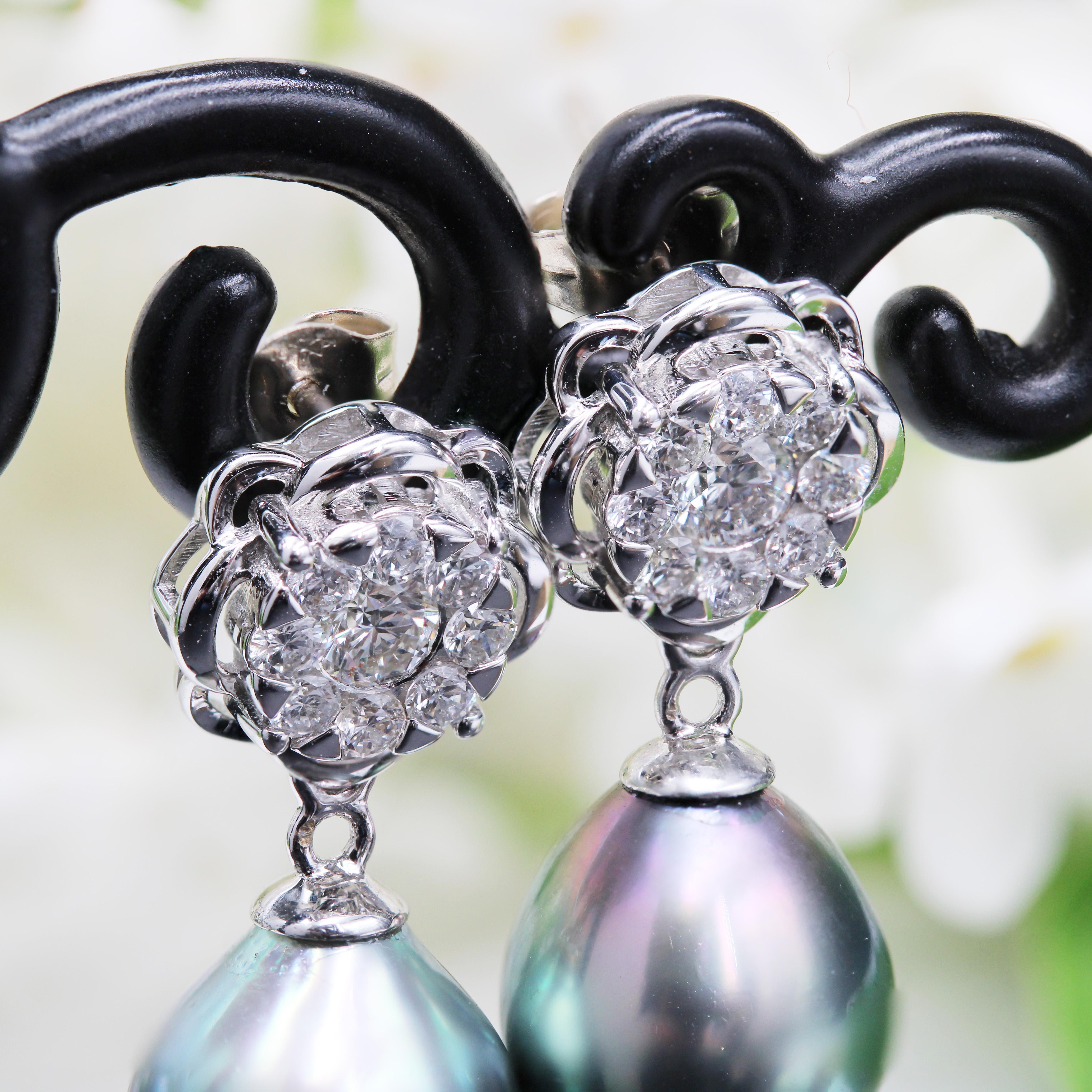 New Tahitian Pearl Diamonds 18 Karat White Gold Dangle Convertible Stud Earrings (orecchini a perno convertibili con perle di Tahiti) in vendita 3