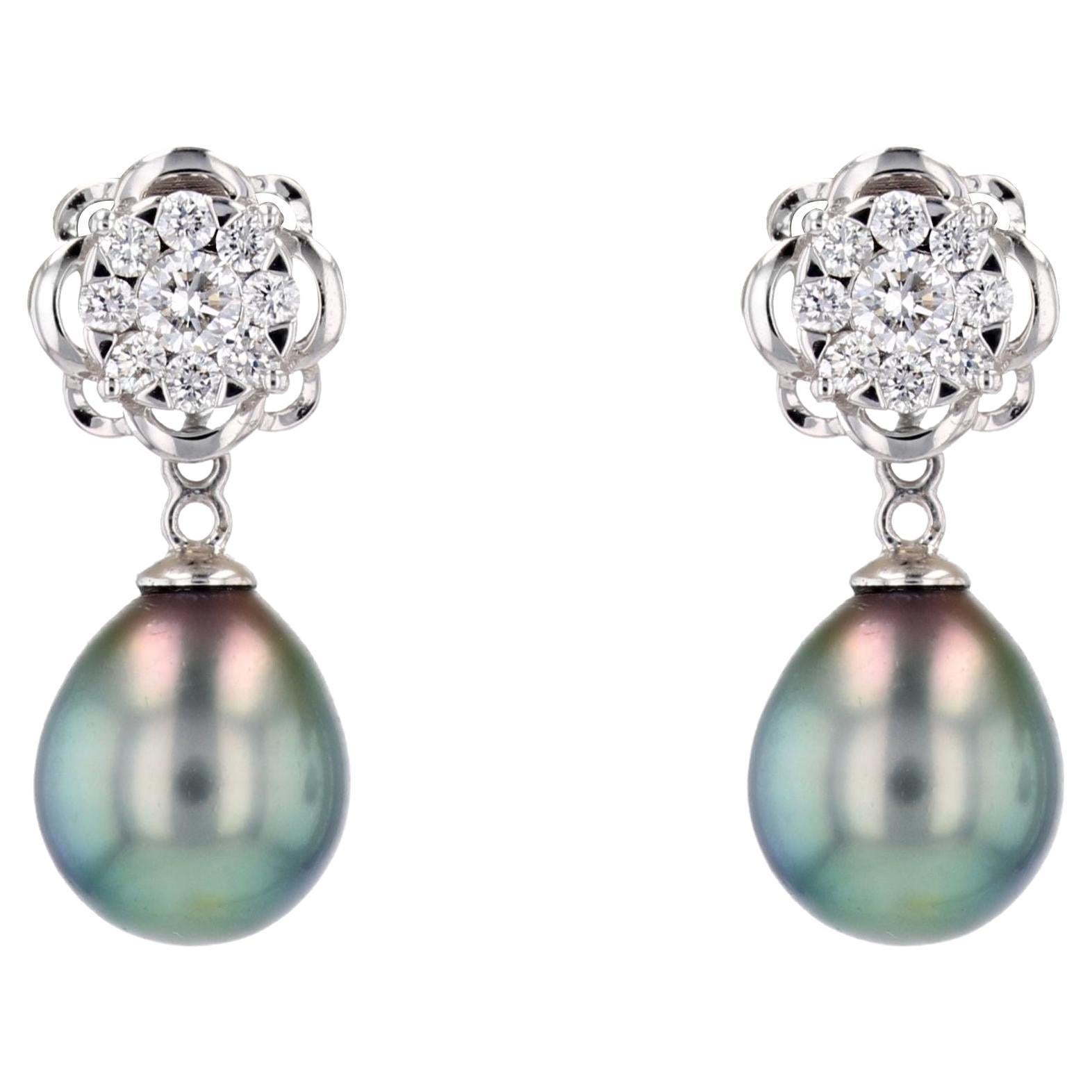 New Tahitian Pearl Diamonds 18 Karat White Gold Dangle Convertible Stud Earrings For Sale