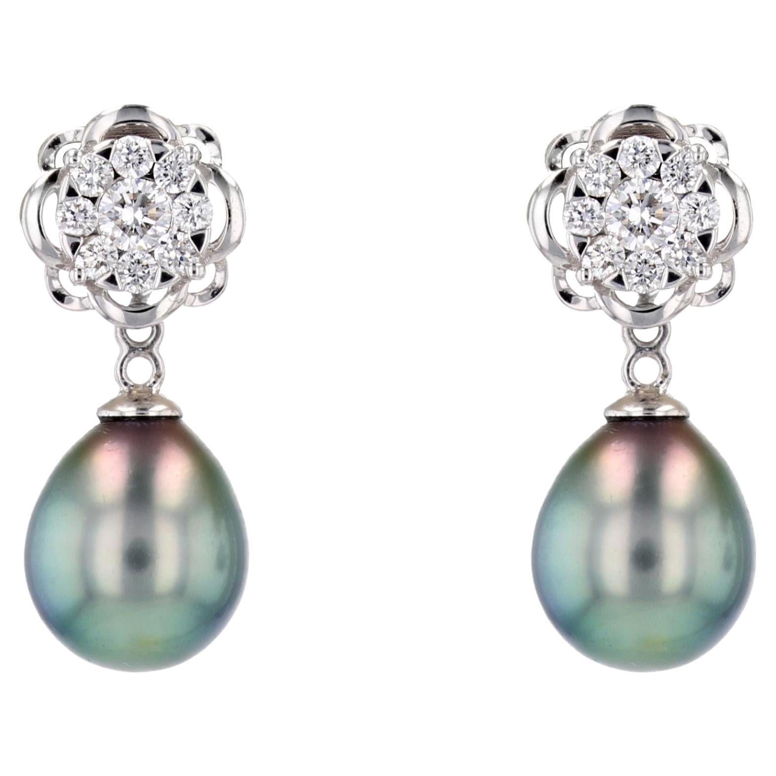 New Tahitian Pearl Diamonds 18 Karat White Gold Dangle Convertible Stud Earrings