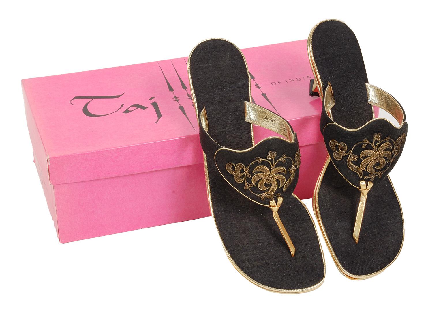 Considered extremely rare luxury items in the mid-century, Taj of India shoes were produced to promote cultural exchange between India and the United States during the spreading threat of Communism. Featuring hand-loomed silk uppers, gold mylar