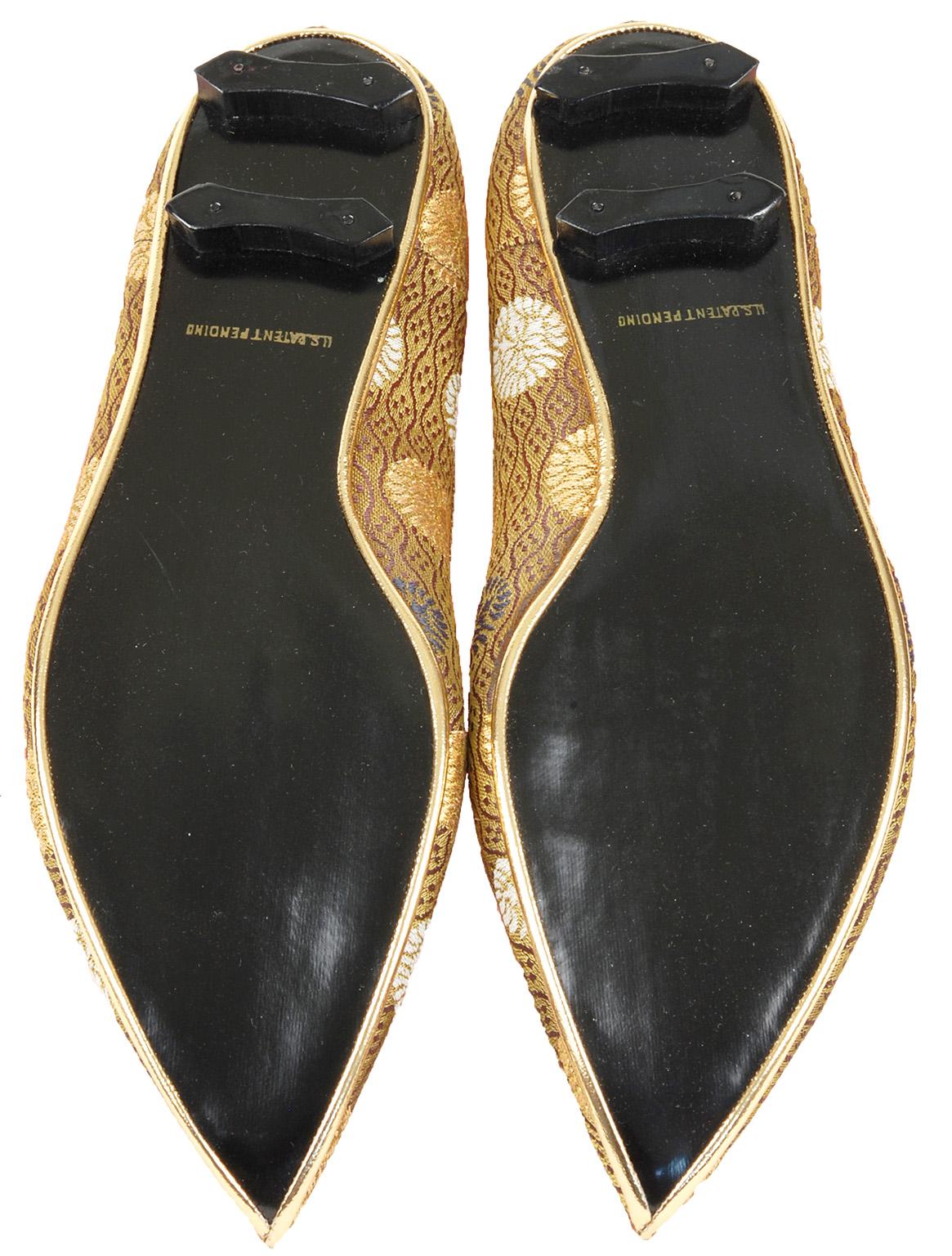 New Taj of India Olive Brocade Japanese Geta Heel Platform Slipper– 5.5 M, 1960s For Sale 3