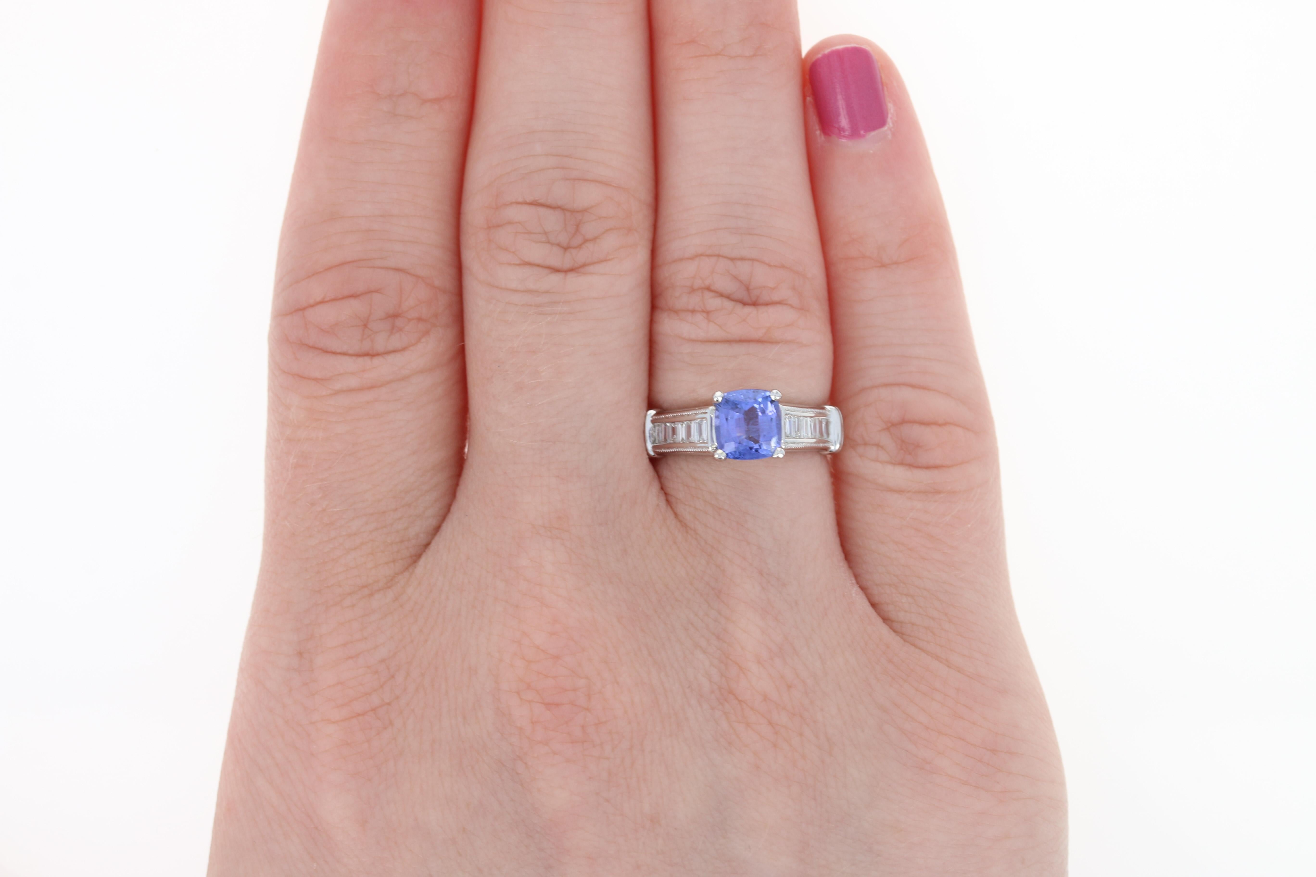 Baguette Cut Tanzanite and Diamond Engagement Ring, 900 Platinum Milgrain 1.68 Carat