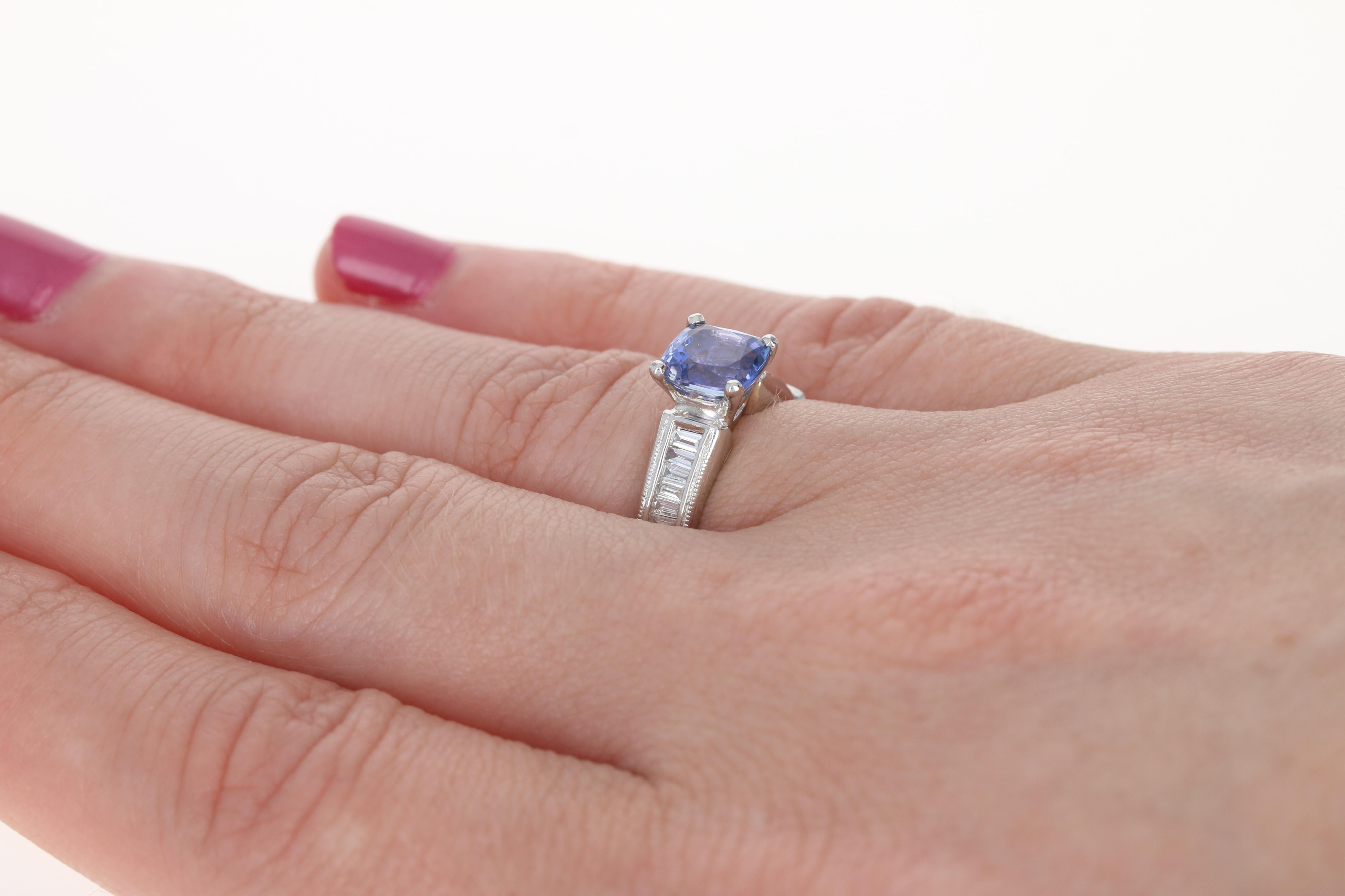 Tanzanite and Diamond Engagement Ring, 900 Platinum Milgrain 1.68 Carat In Excellent Condition In Greensboro, NC