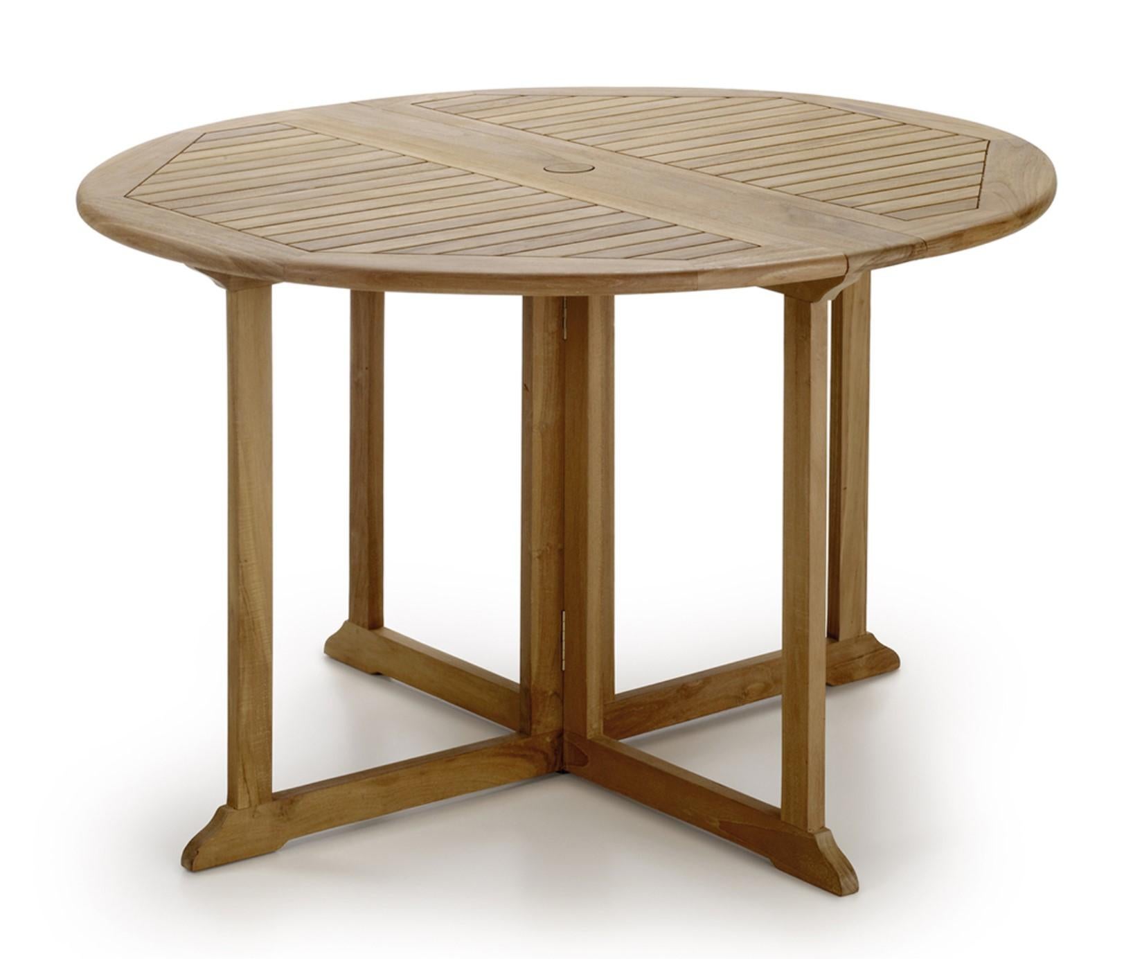 New teak round foldable dining table, indoor and outdoor.